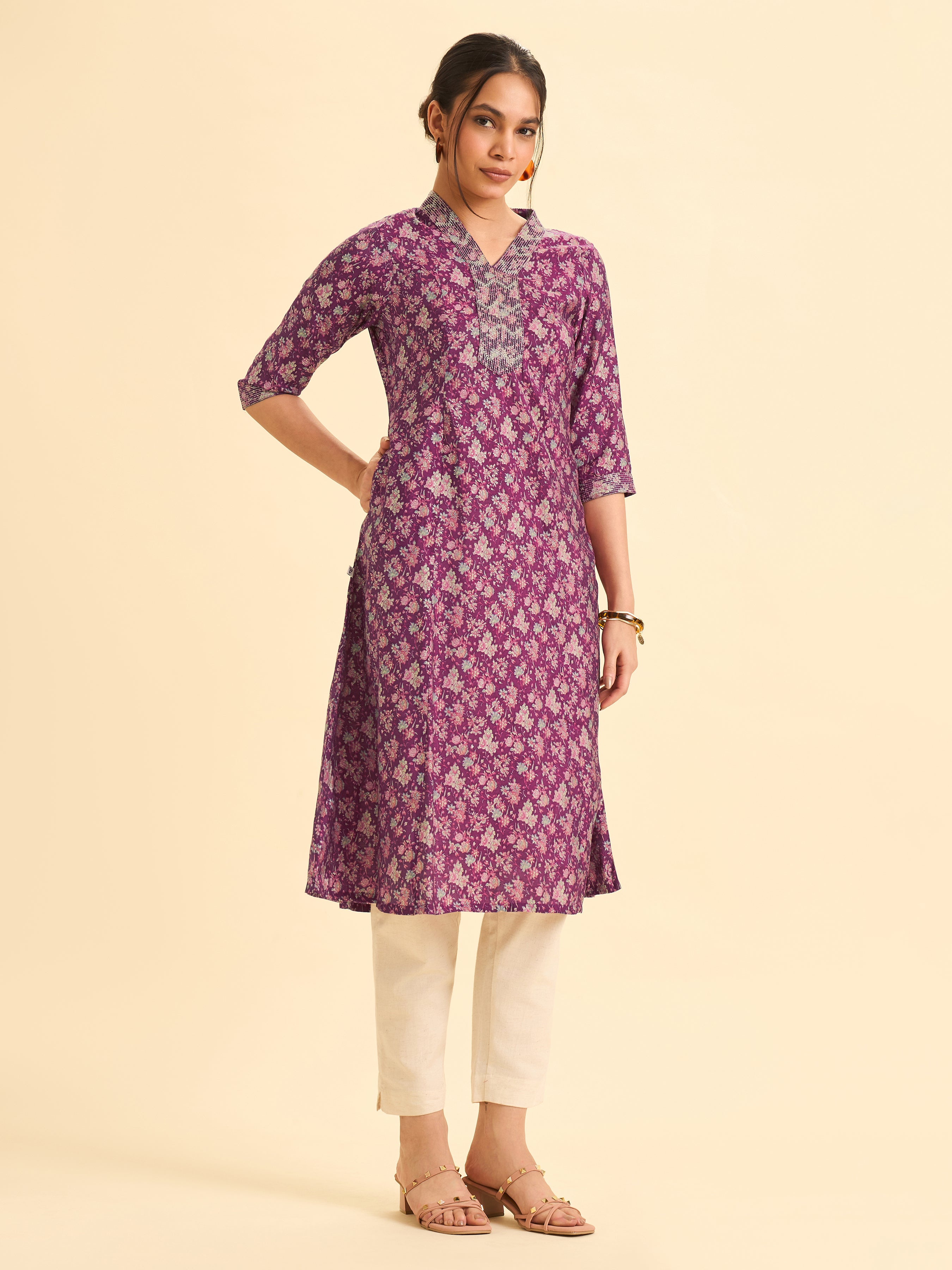 Wine Red Modal Chanderi Printed Flared Princess Cut Kurti With Embroidery