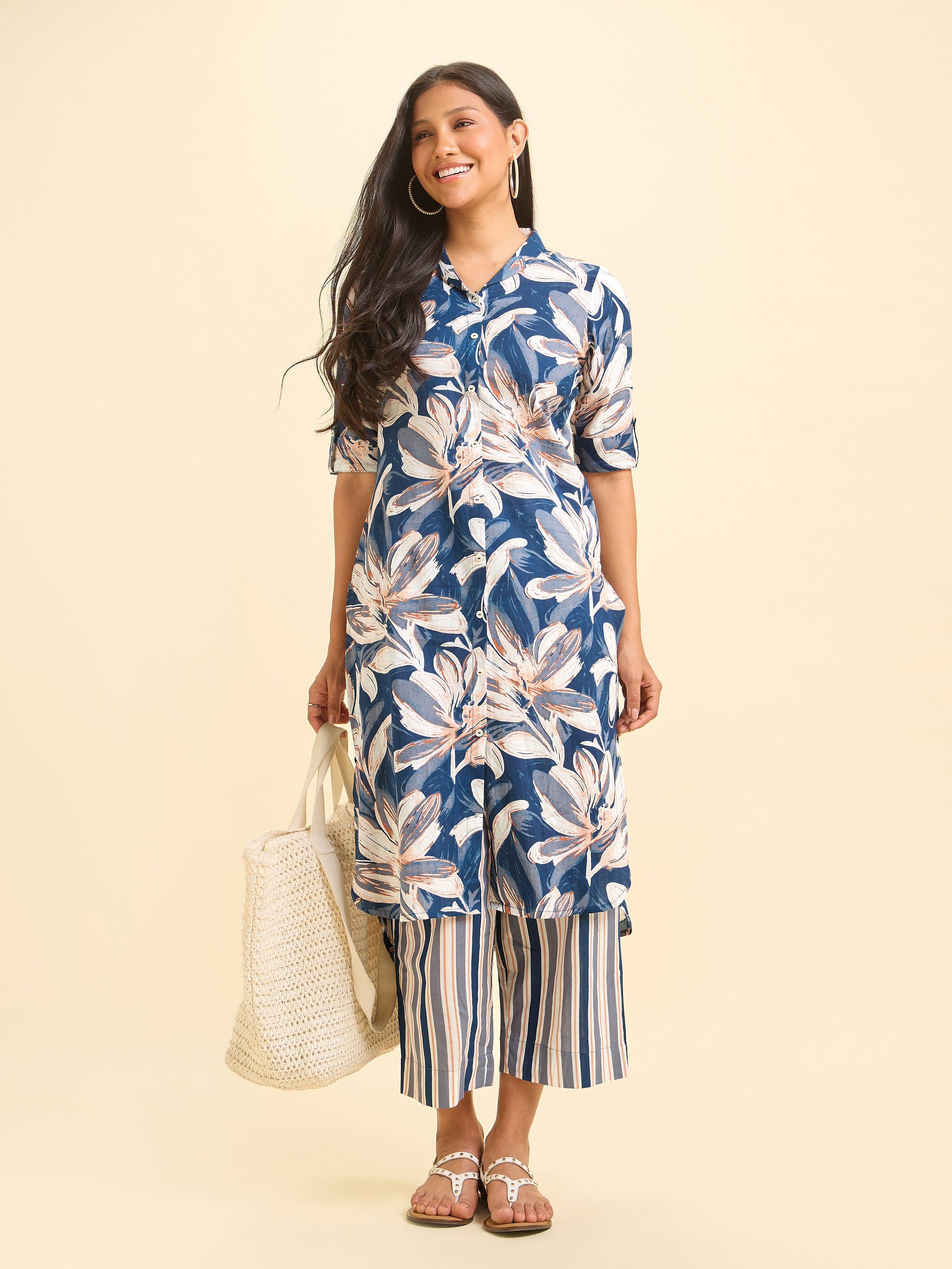 Navy Blue Cotton Flax Printed Kurti Set