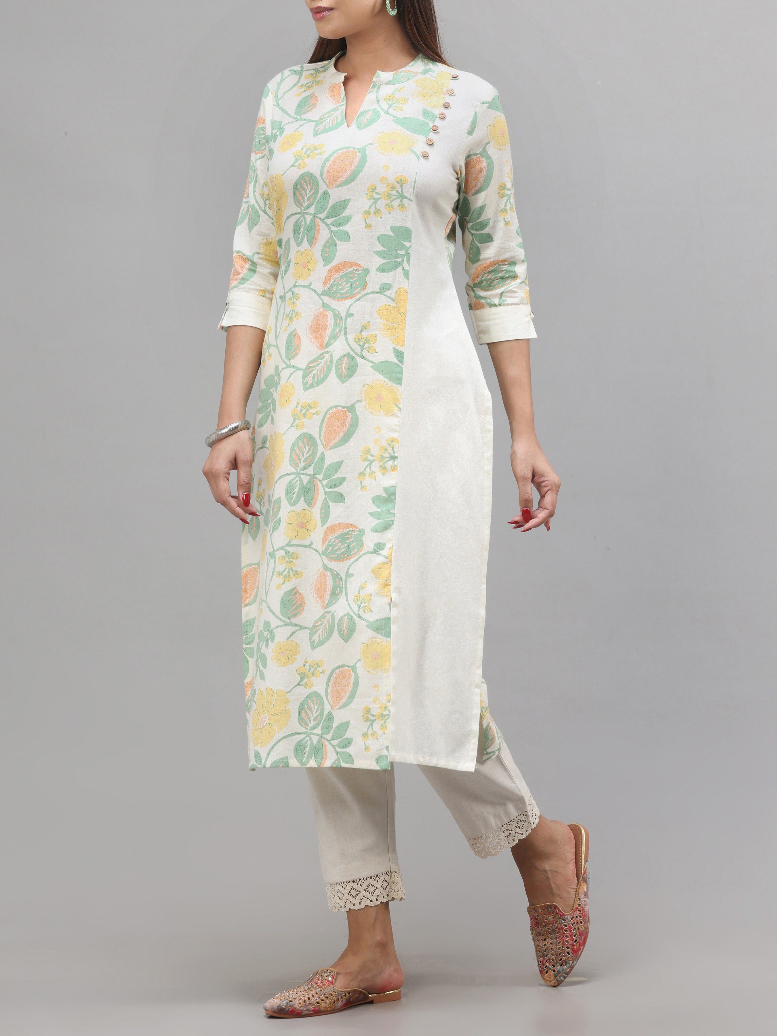 Multi Colour Cotton Flax Kurti With Print