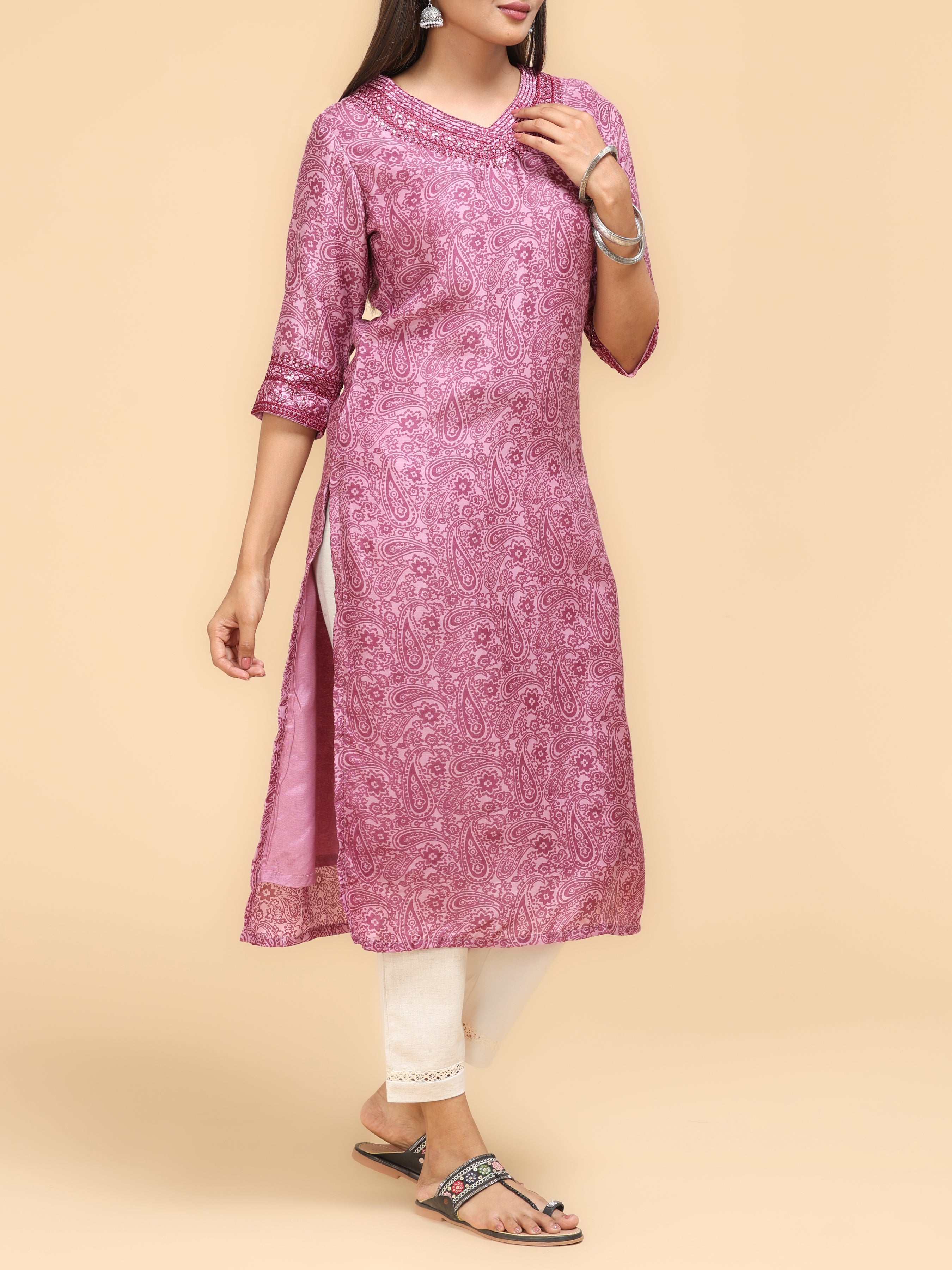 Pink Muslin Printed Kurti With Embroidery