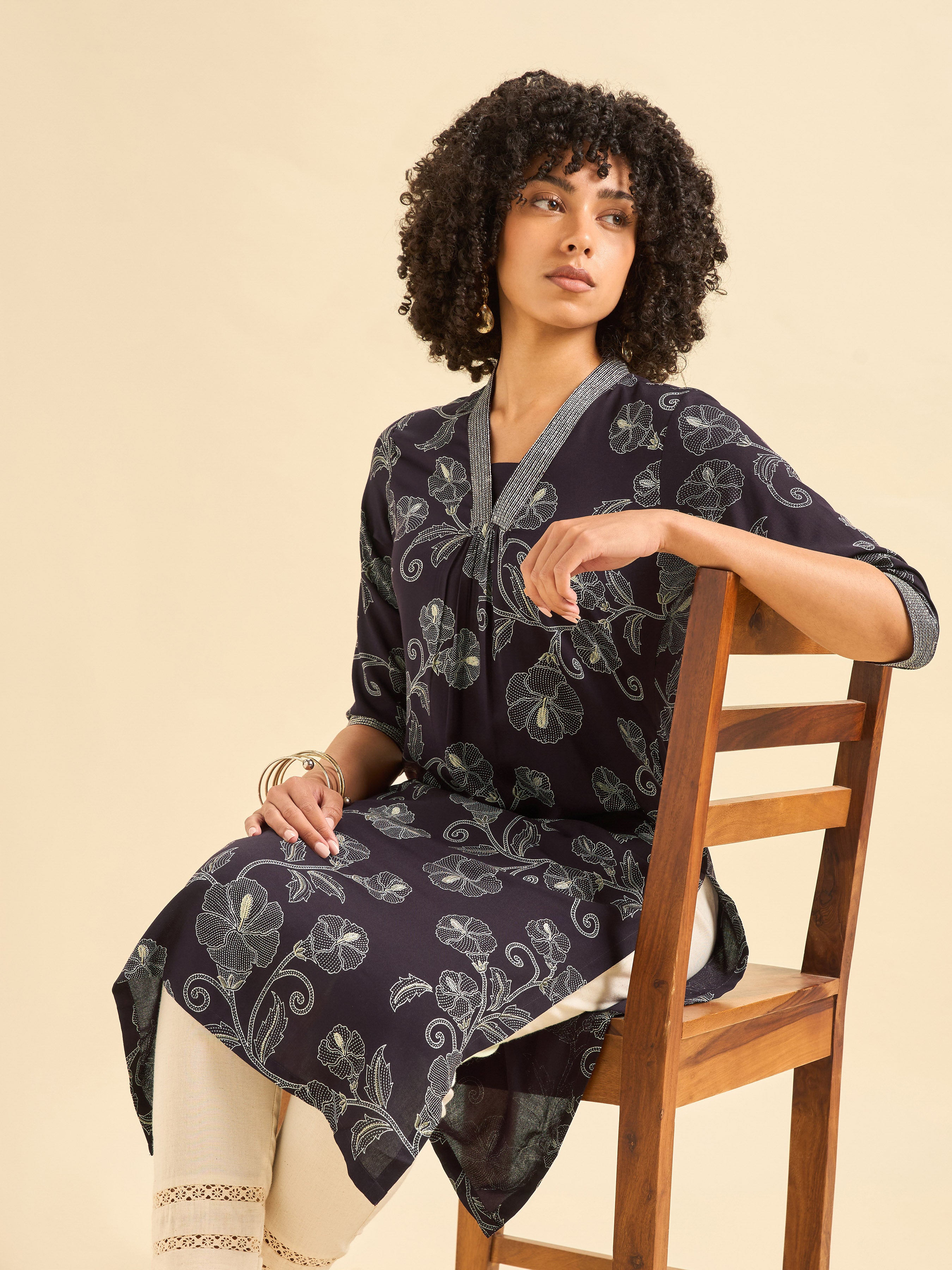 Dark Wine Red Viscose Slit Printed Kurti With Embroidery