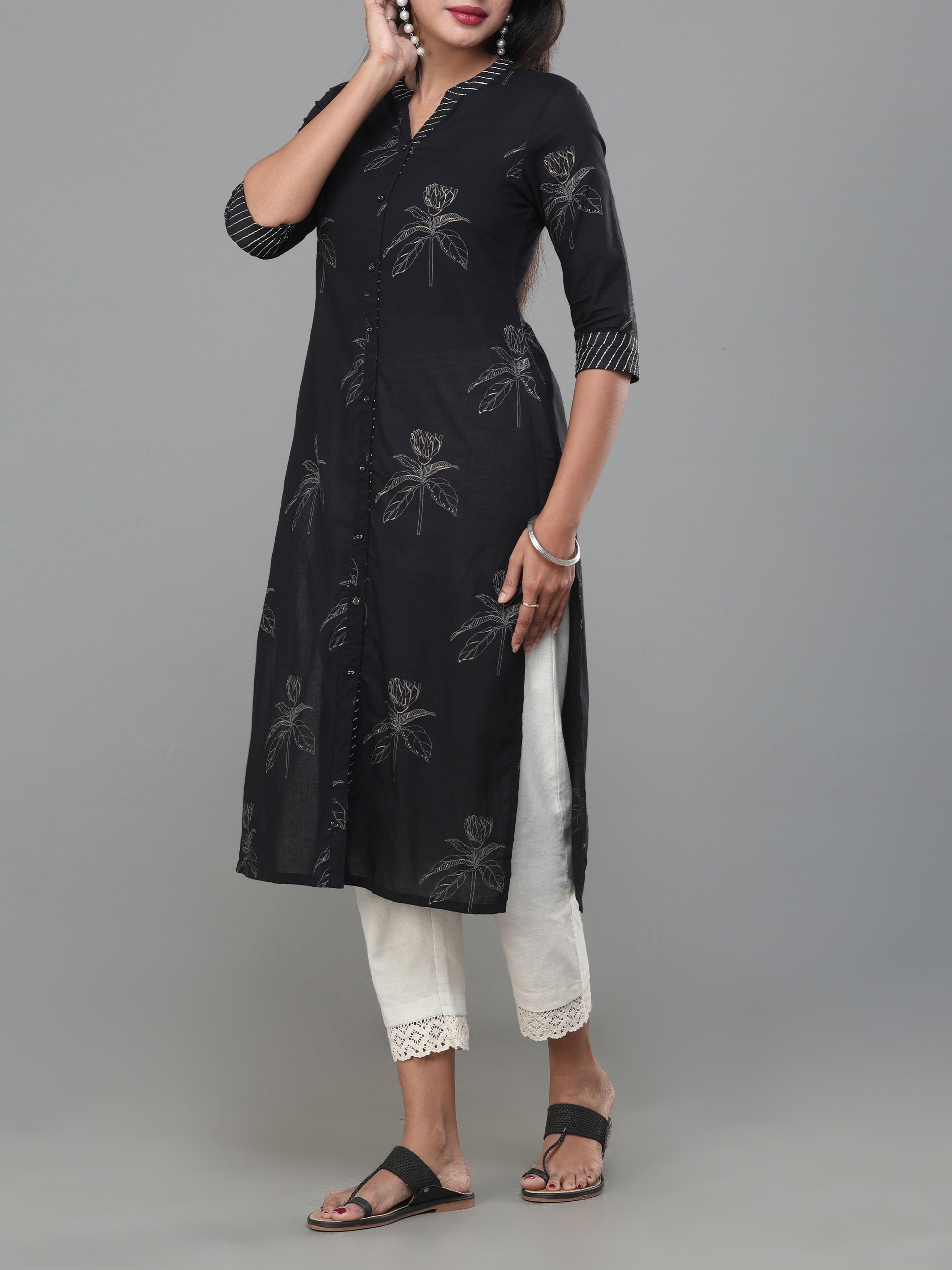 Black Pure Cotton Printed Kurti