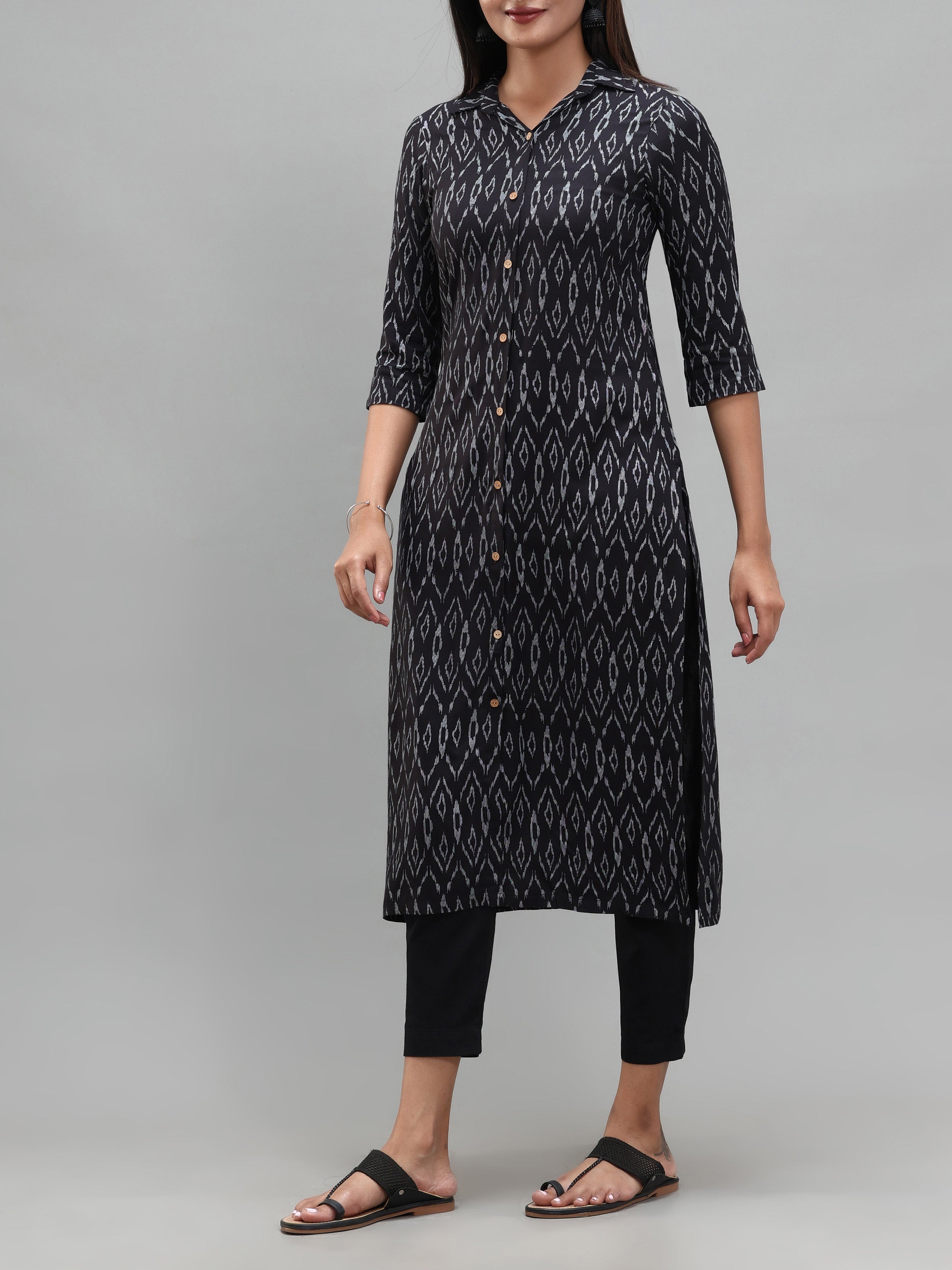 Black Viscose Printed Kurti With Button Placket