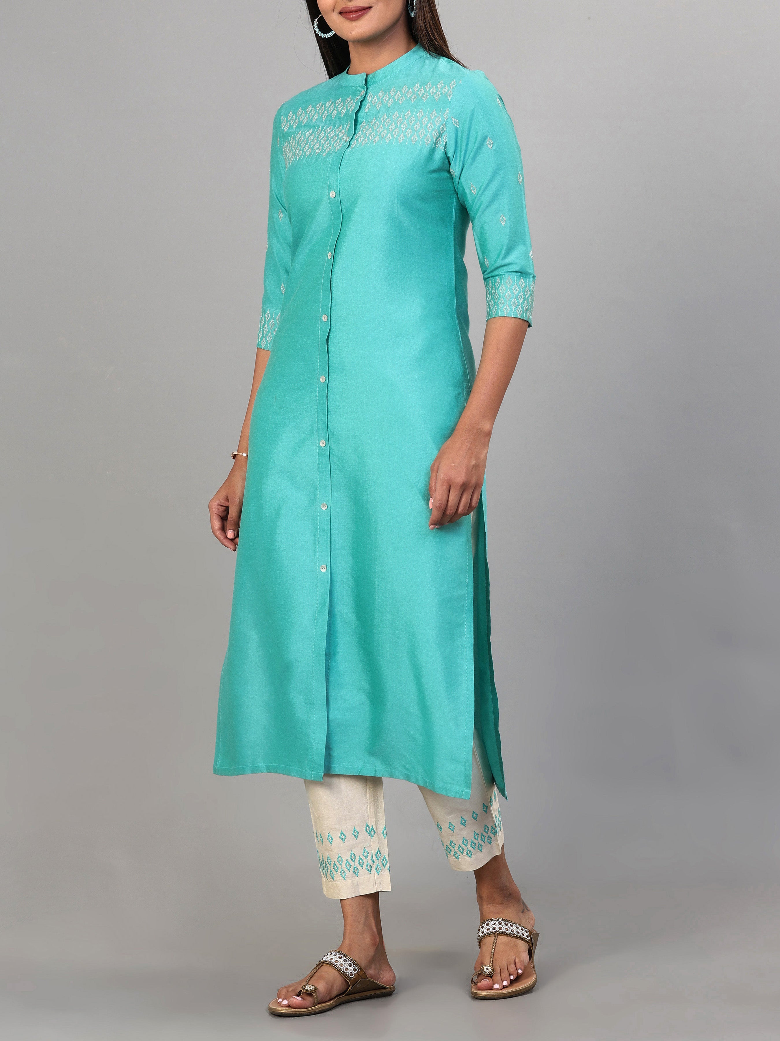 Aqua Blue Poly Viscose Kurti With Embroidery And Matching Bottom