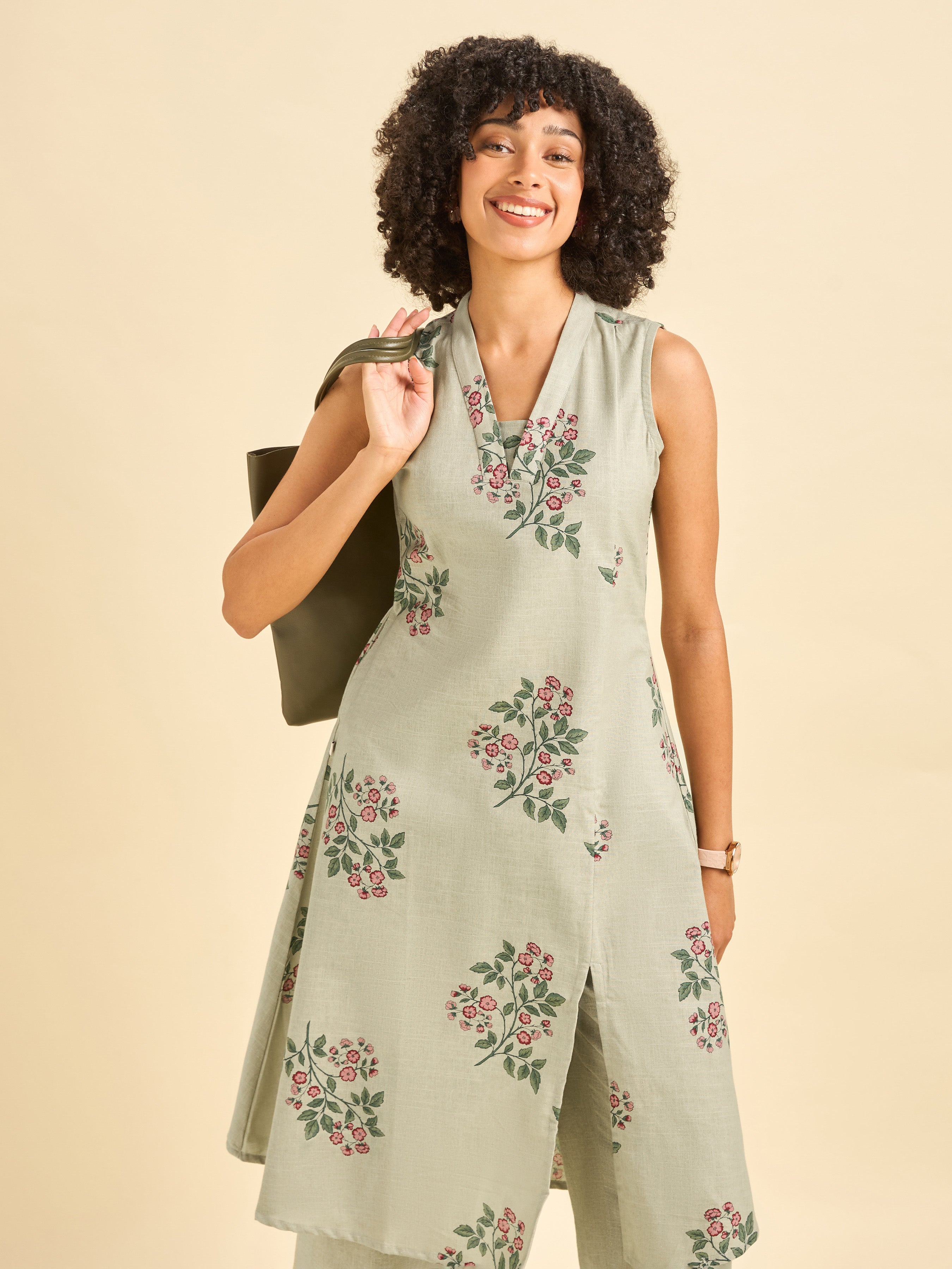Pista Green Cotton Flax Slub Sleeveless Kurti Set