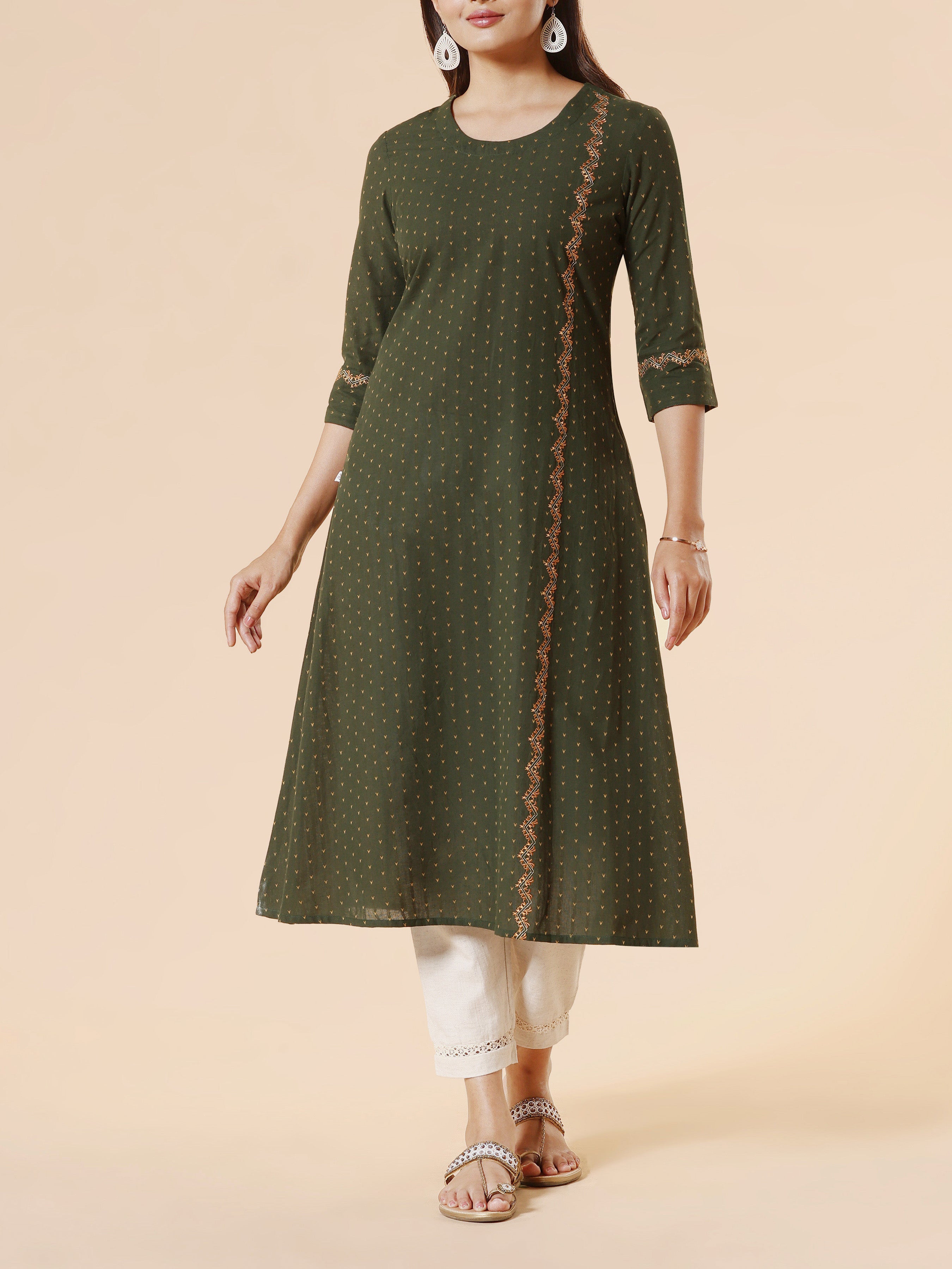 Bottle Green Cotton Dobby Kurti With Embroidery