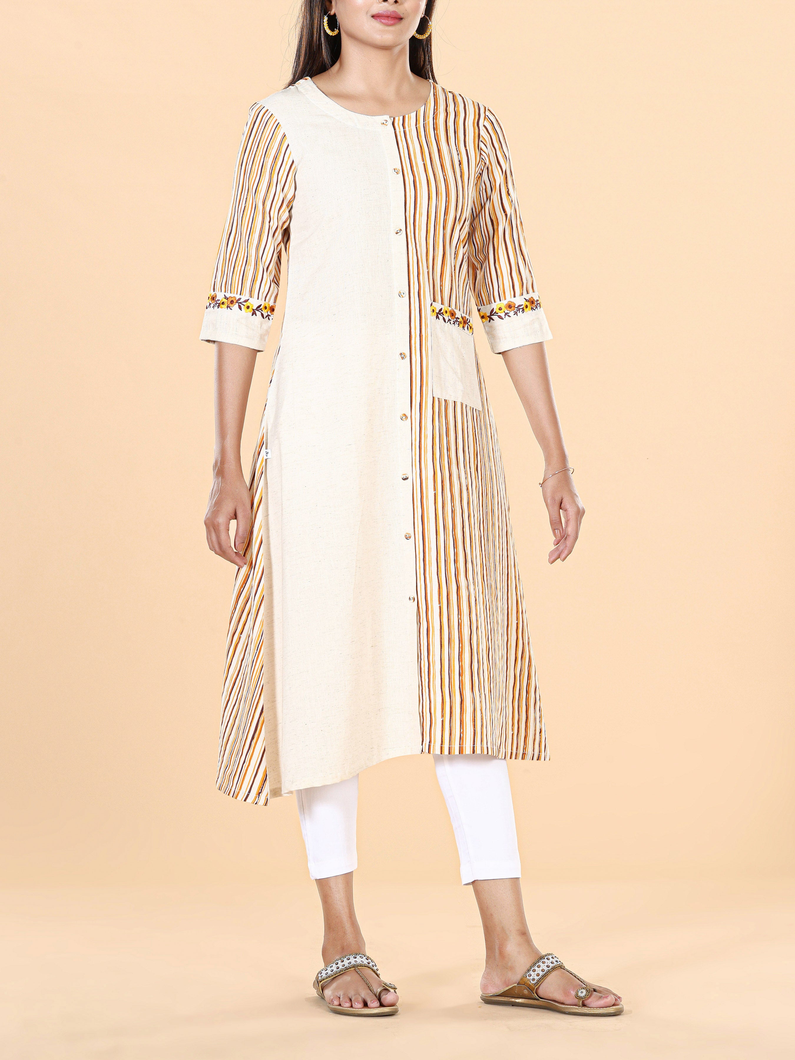 Multi-Color Cotton Flax Printed Kurti With Embroidery