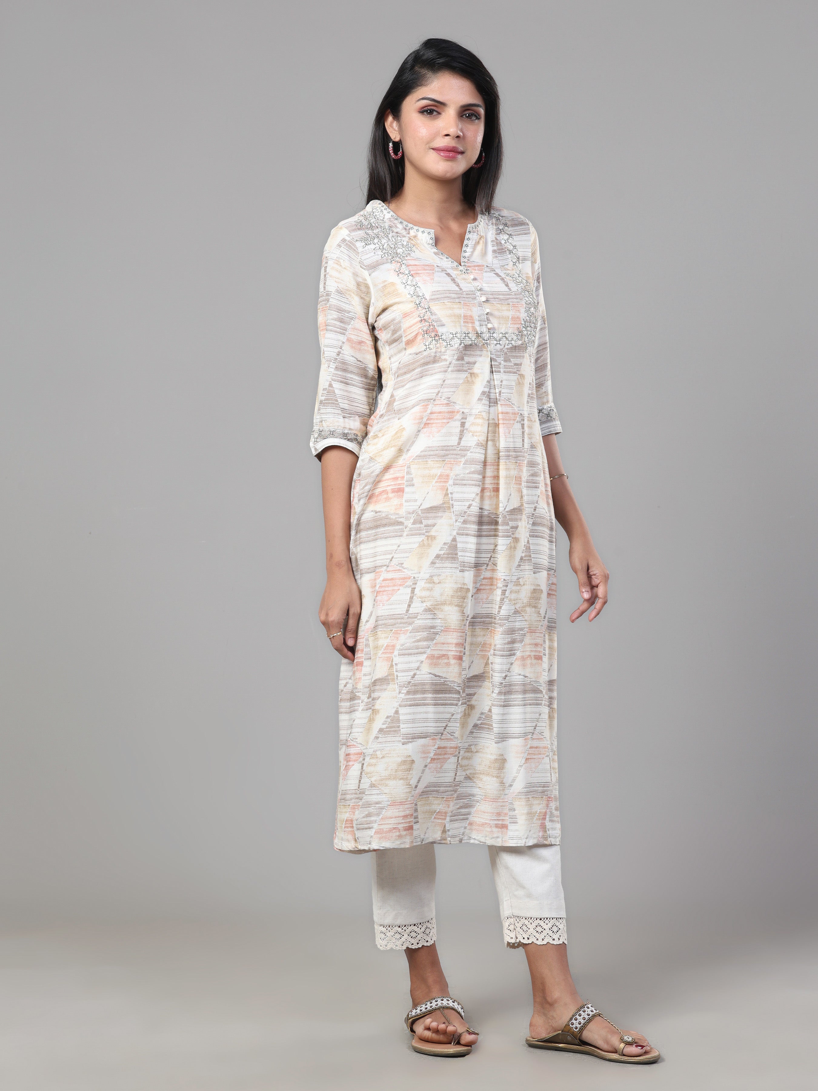 Ivory And Grey Modal Silk Printed Kurti With Embroidery