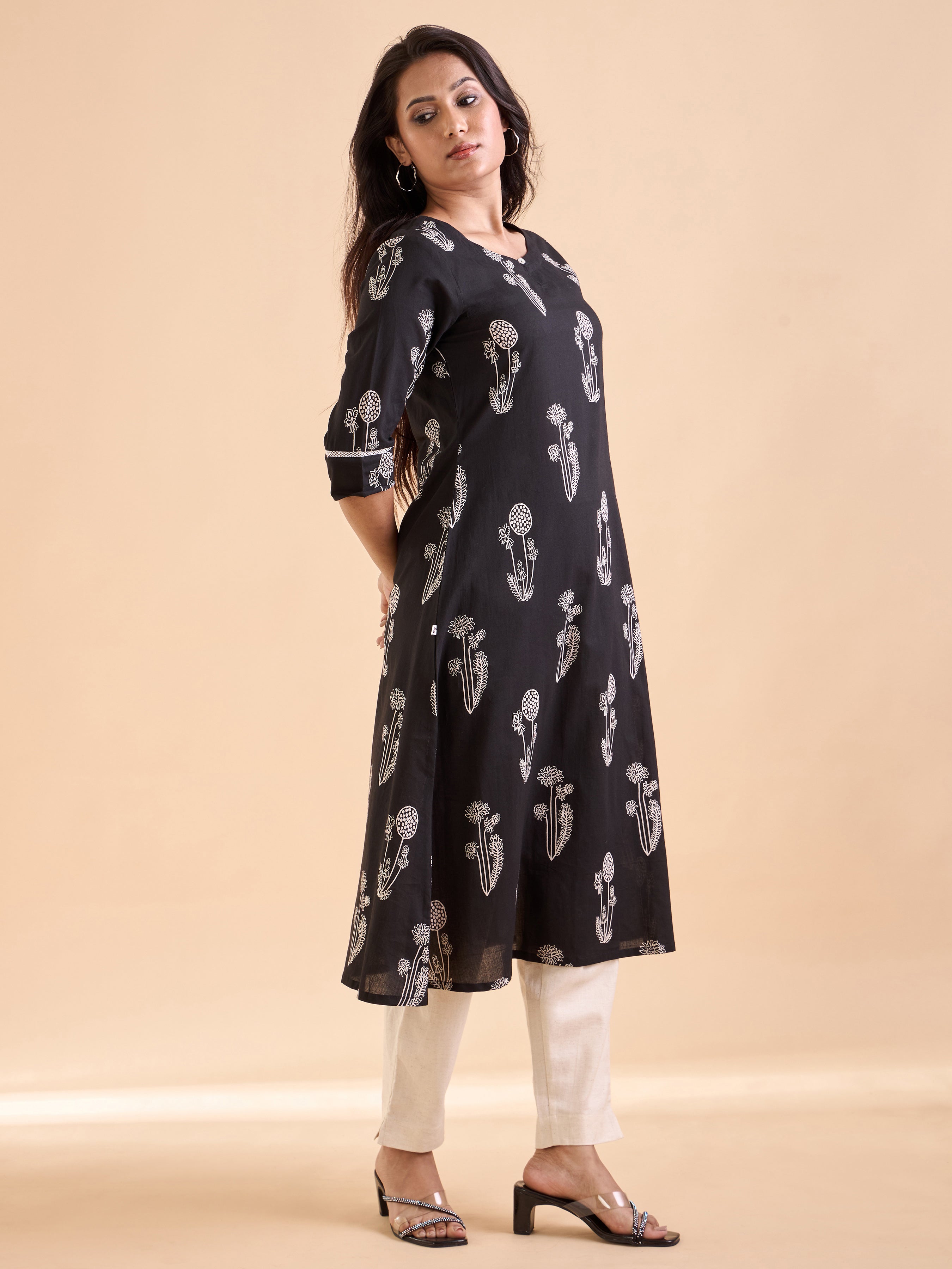 Black Pure Cotton Printed Kurti with Lace Detailing