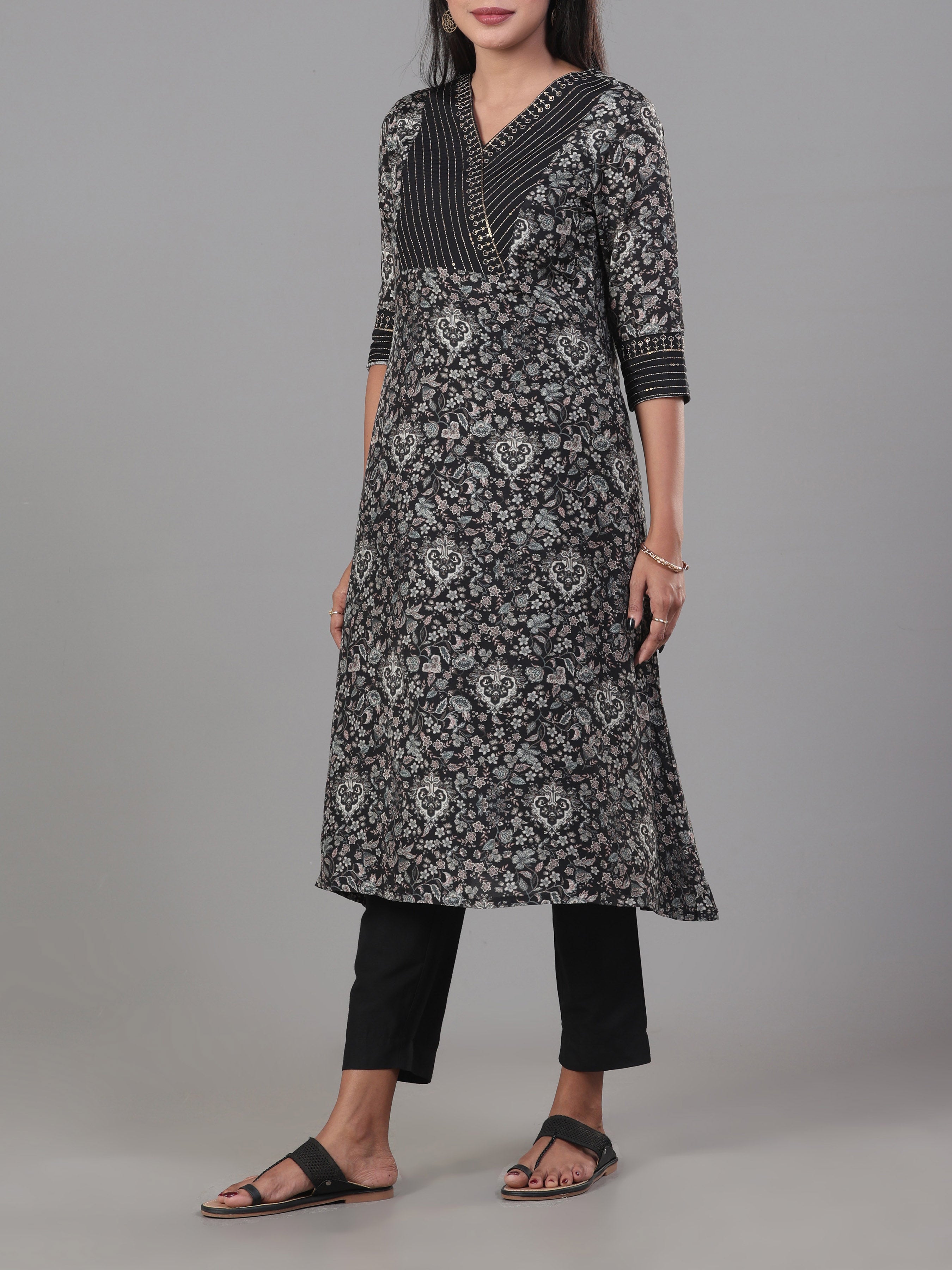 Multi Colour Muslin Printed Kurti With Embroidery And Matching Bottom