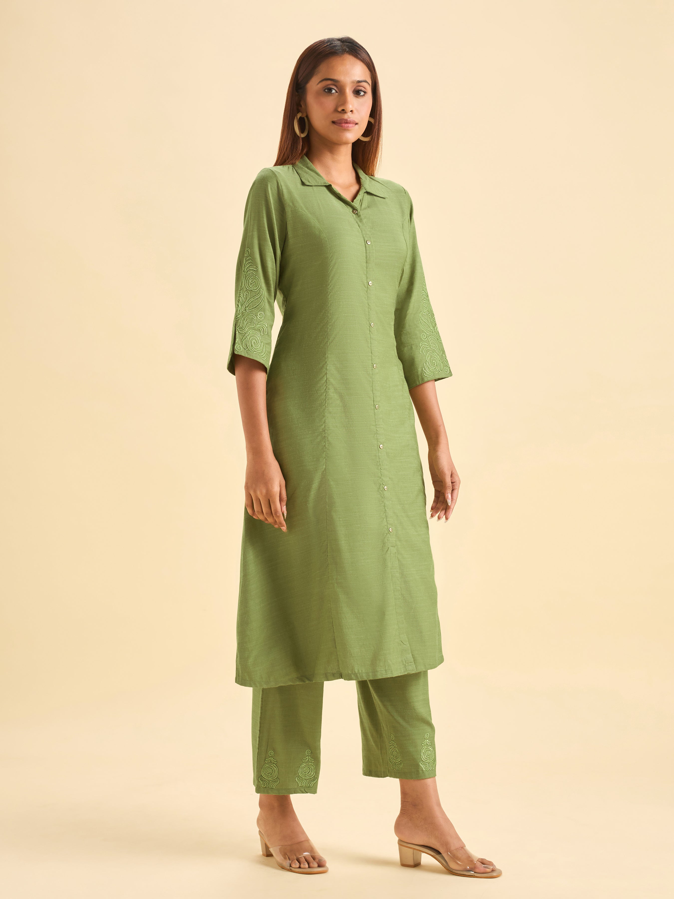 Pista Green Viscose Plain Kurti With Embroidery with Viscose Plain Bottom