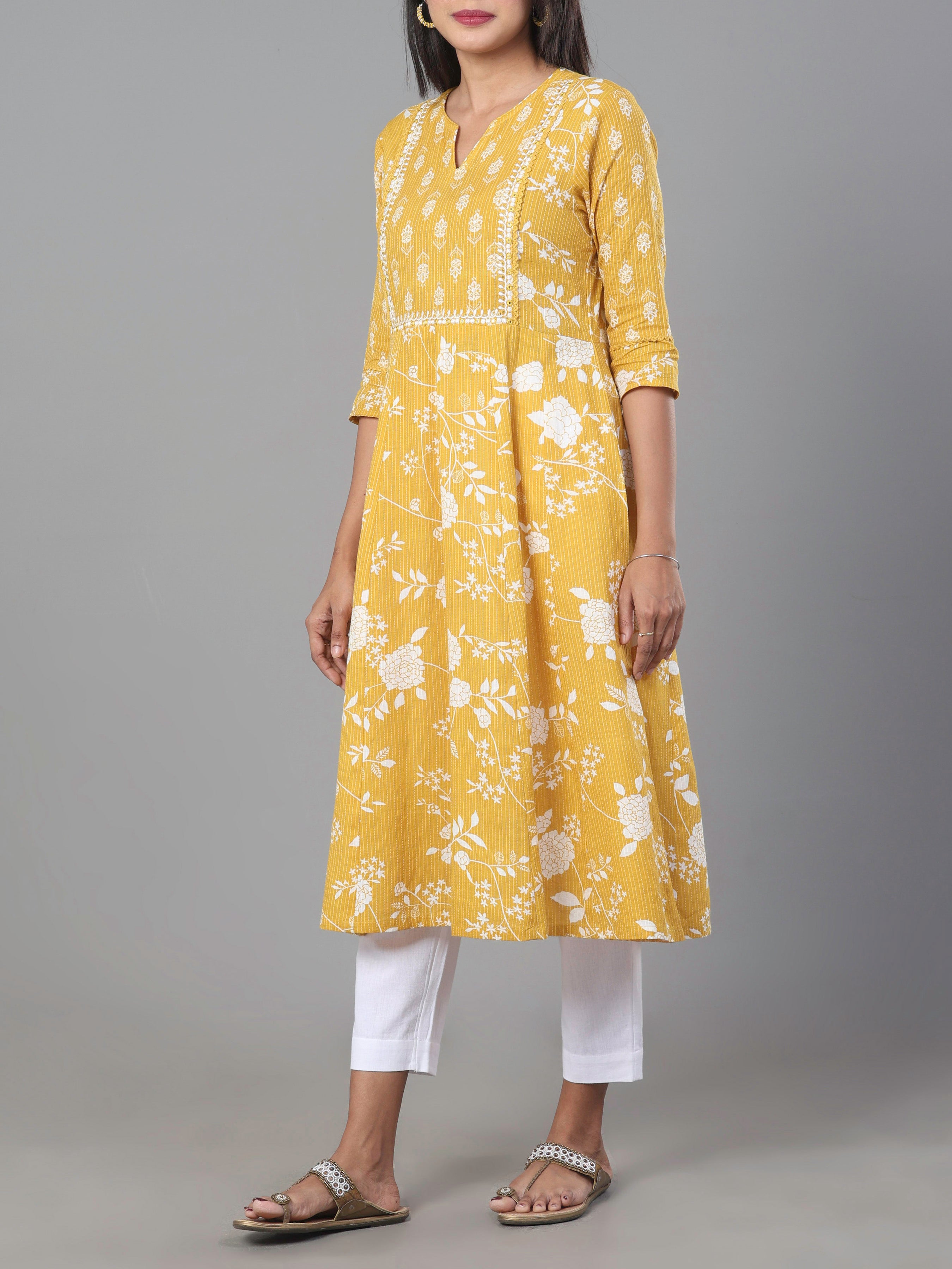 Mustard Yellow Pure Cotton Kurti With Embroidery