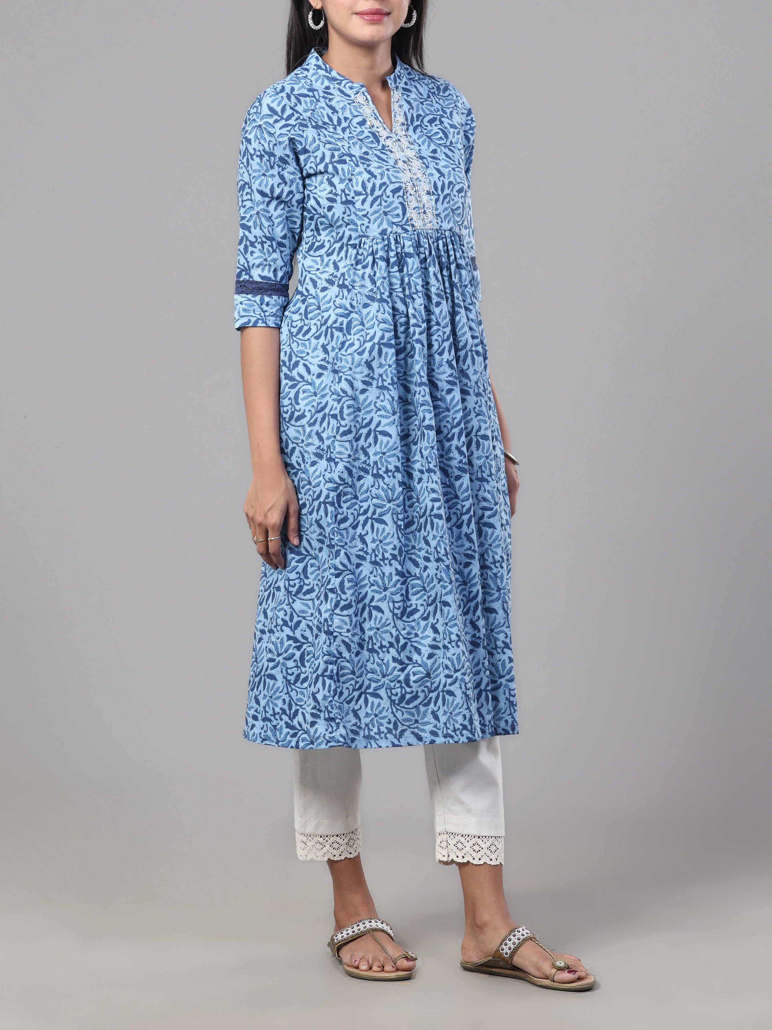 Blue Pure Cotton Printed Kurti With Sequins Work