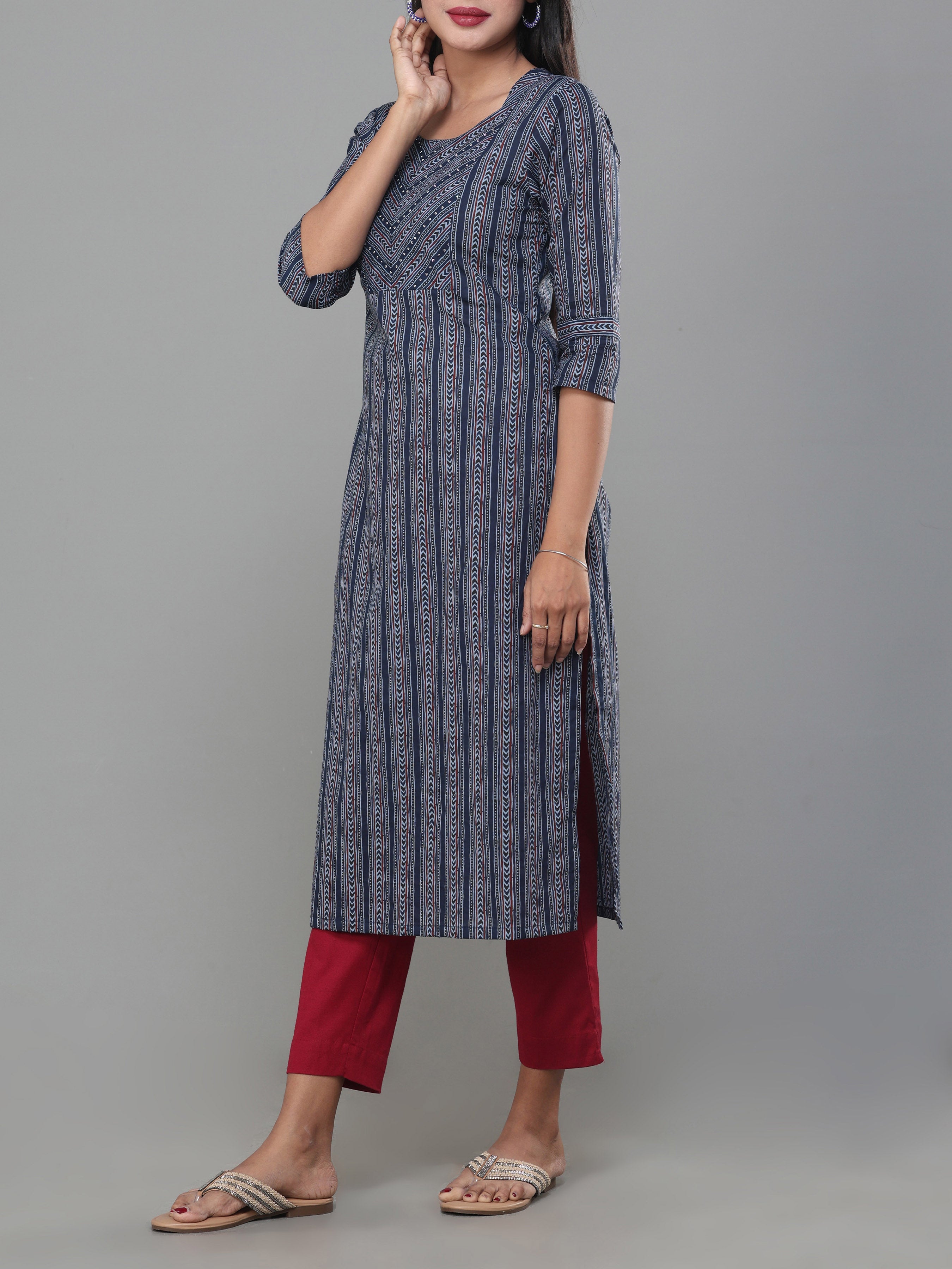 Navy Blue Pure Cotton Printed Kurti With Seequins Work