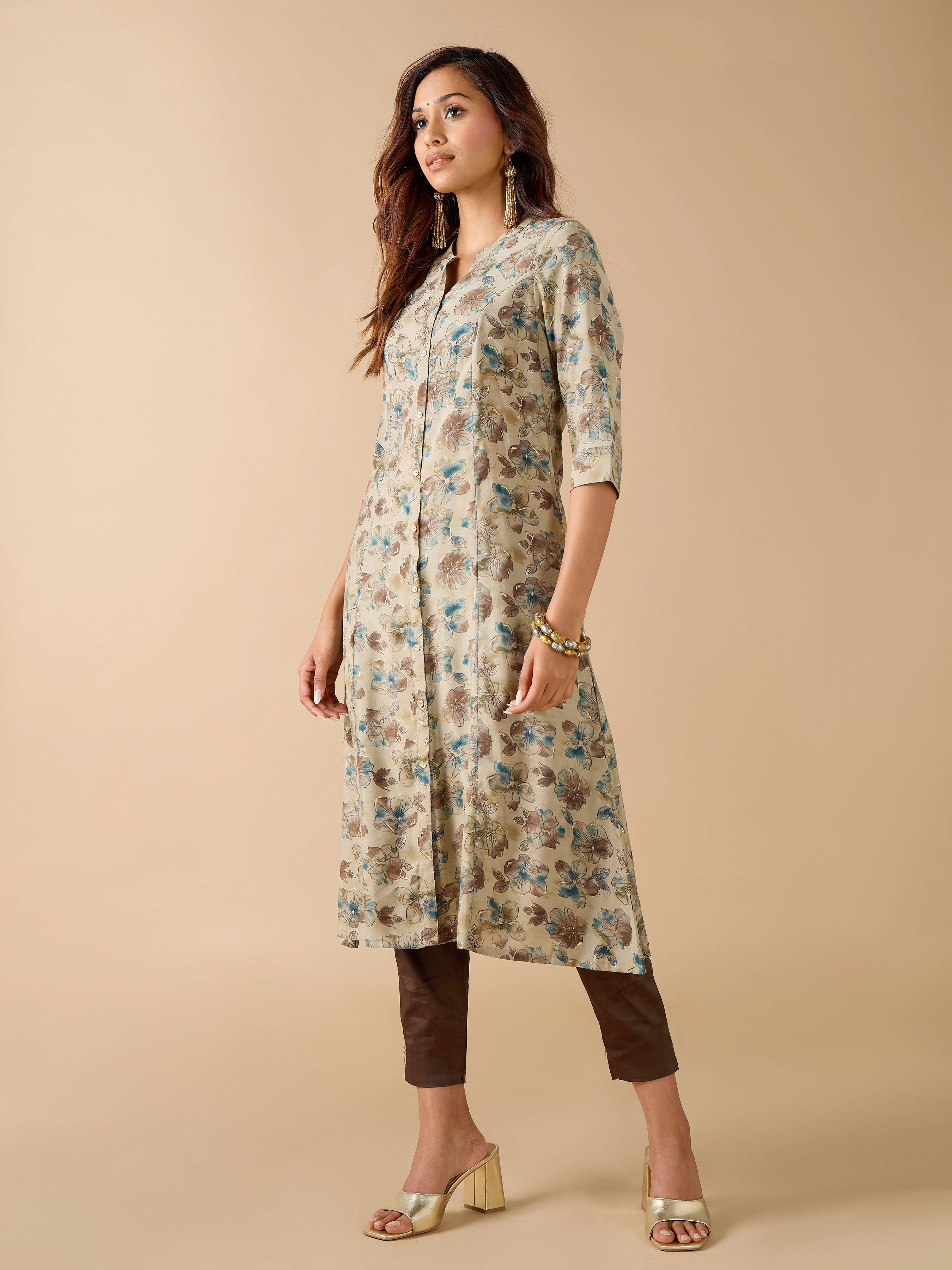 Beige Modal Chanderi Printed Kurti With Sequins Work