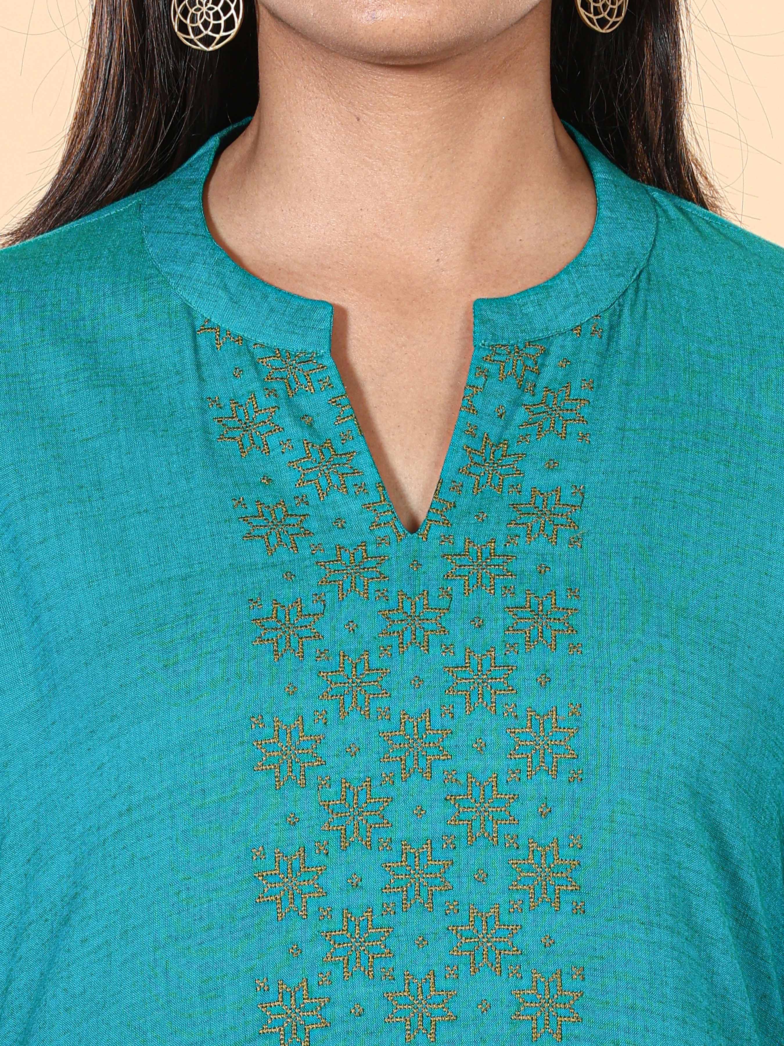 Teal Blue Viscose Kurti With Embroidery