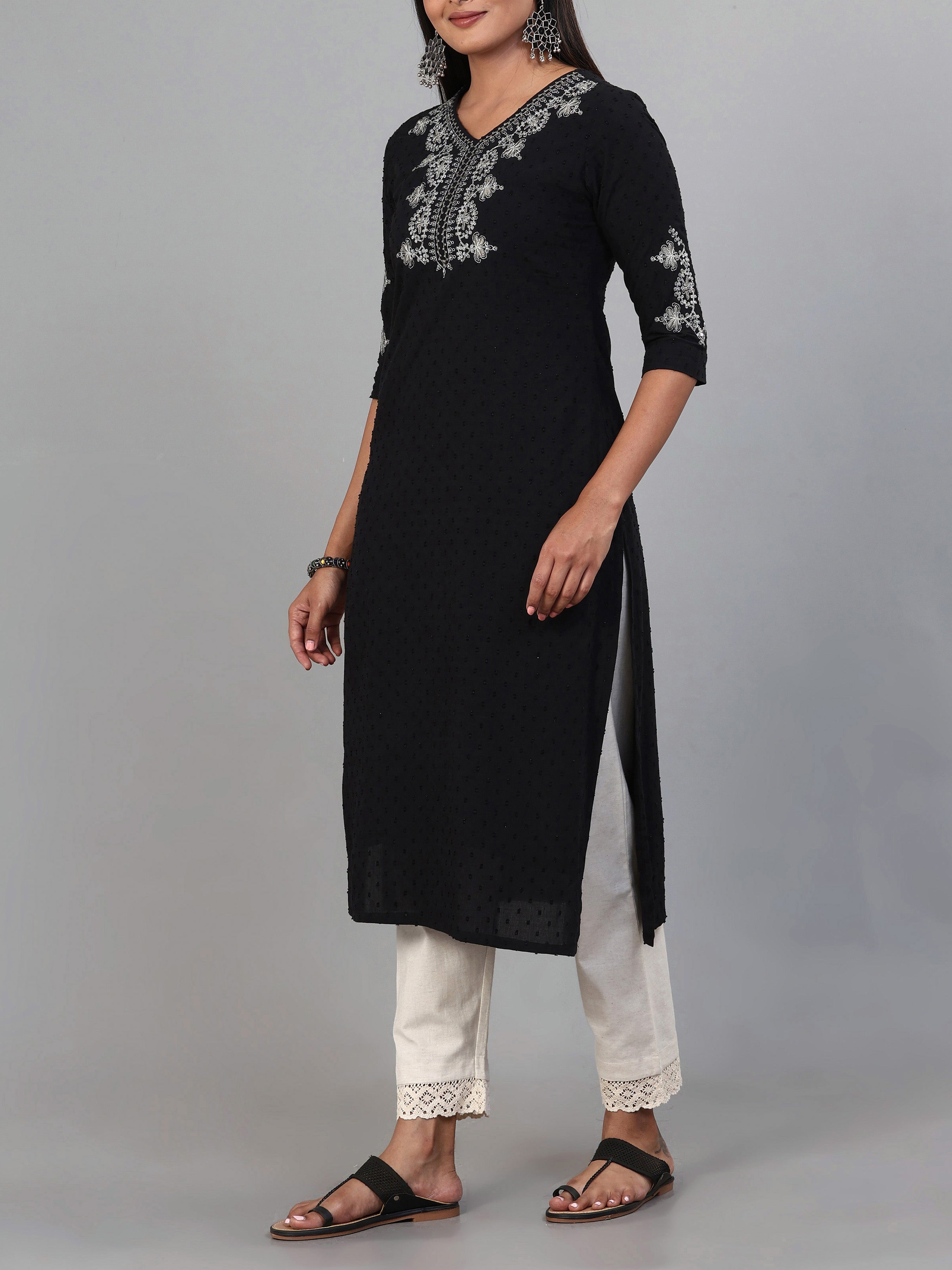Black Cotton Dobby Kurti With Embroidery