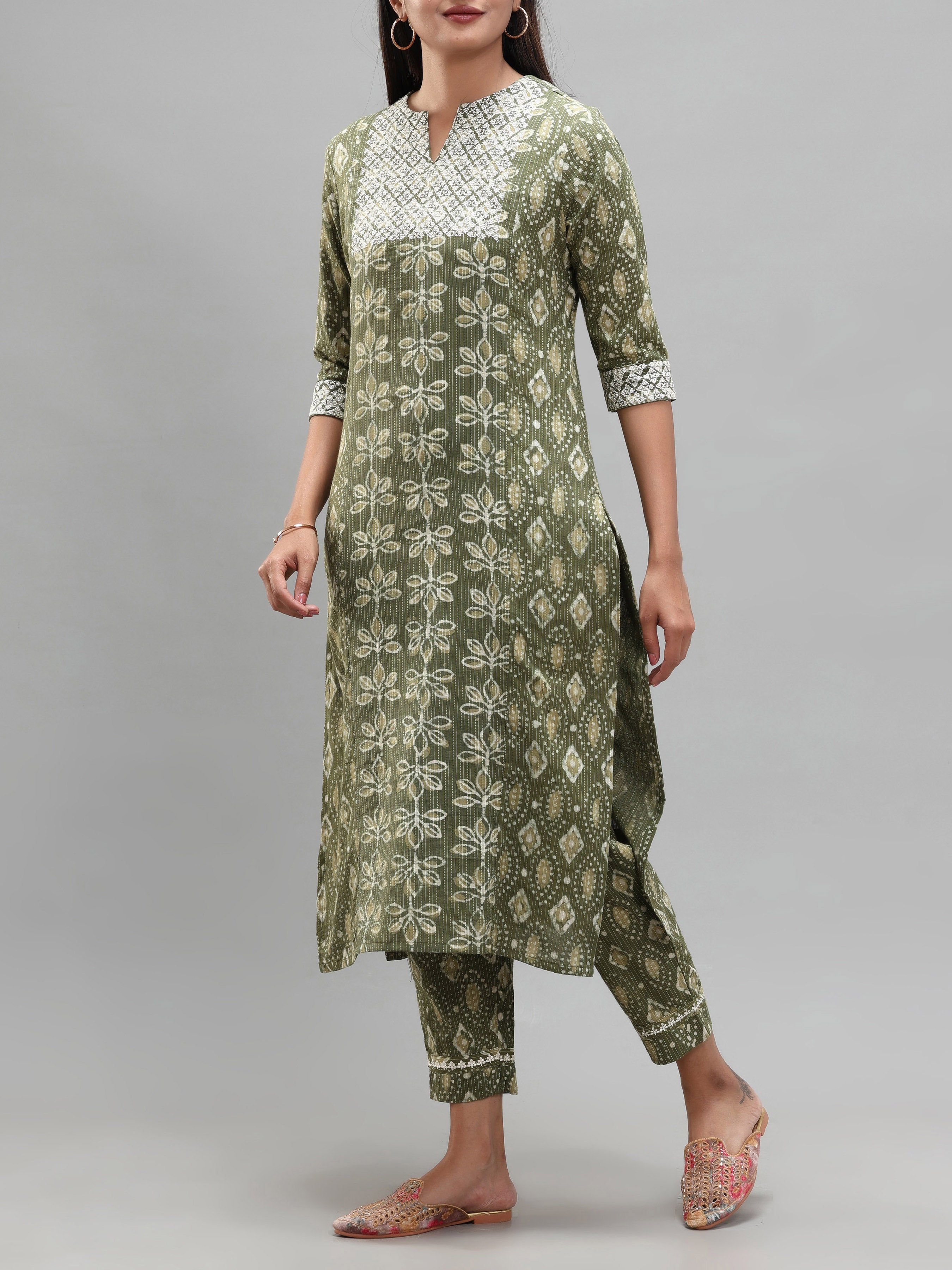Olive Green Pure Cotton Printed Kurti With Embroidery And Matching Bottom