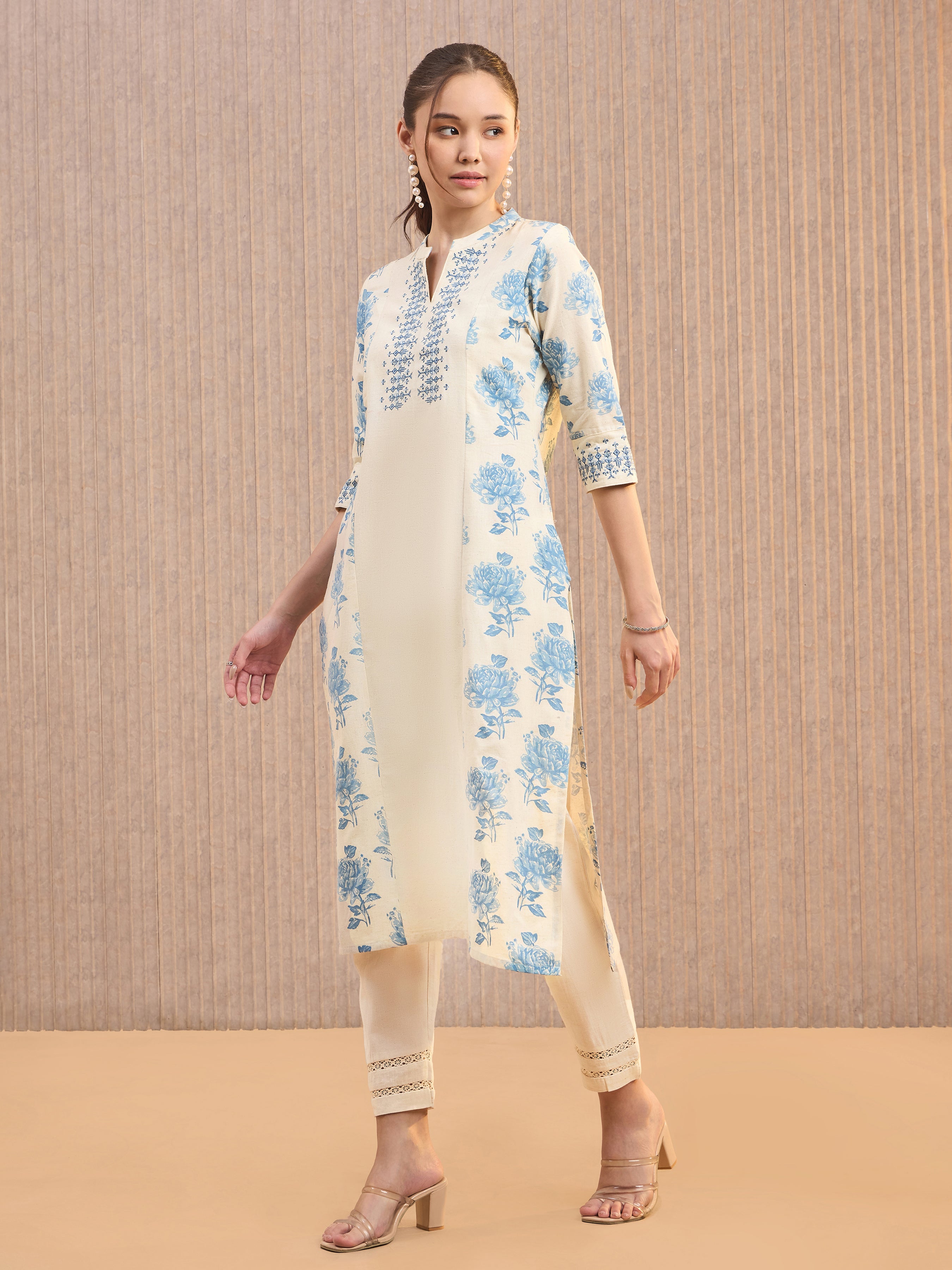Ivory And Blue Cotton Flax Printed Kurti With Embroidery