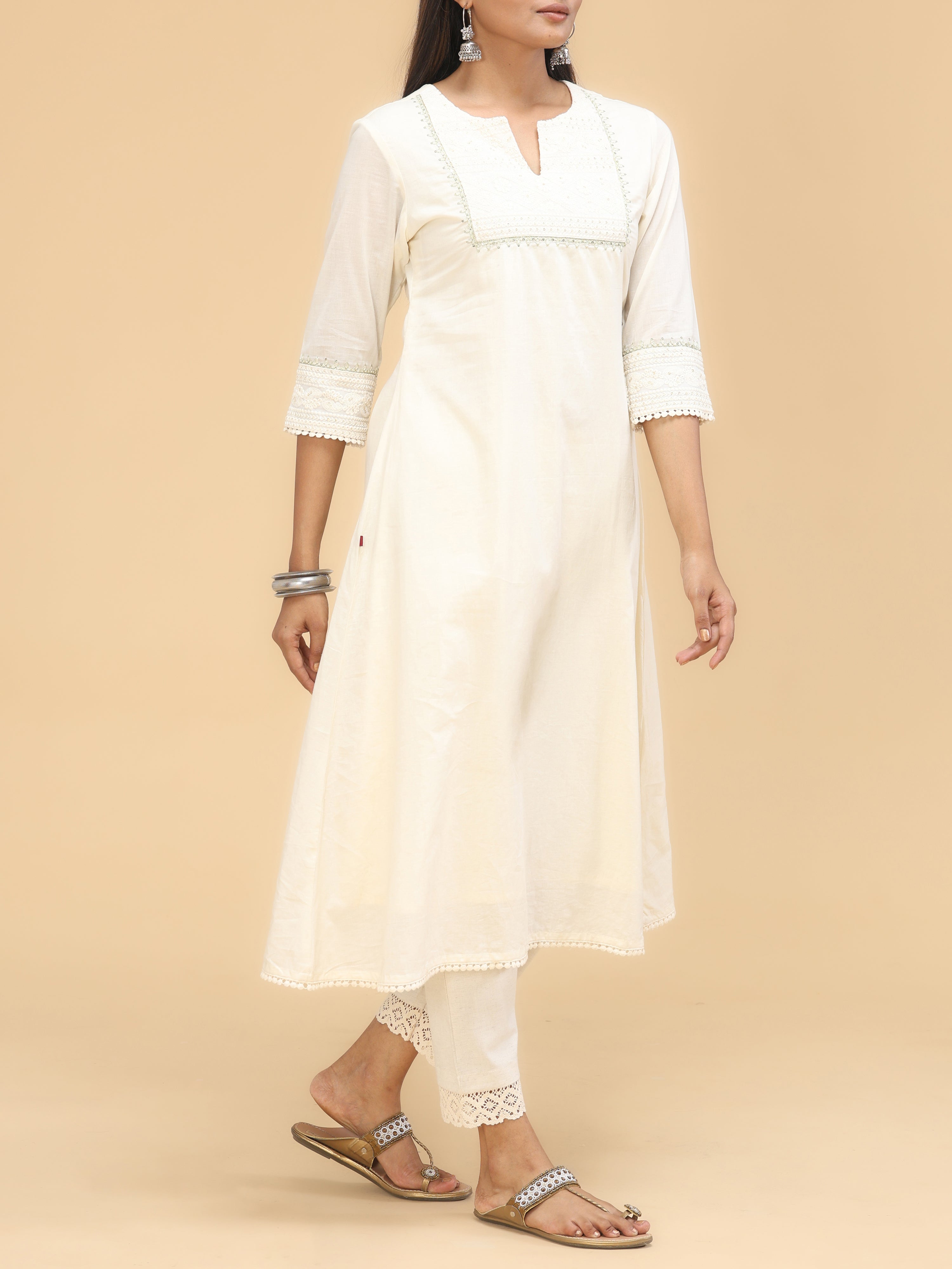 Off-White Cotton Kurti With Embroidery And Sequins Work