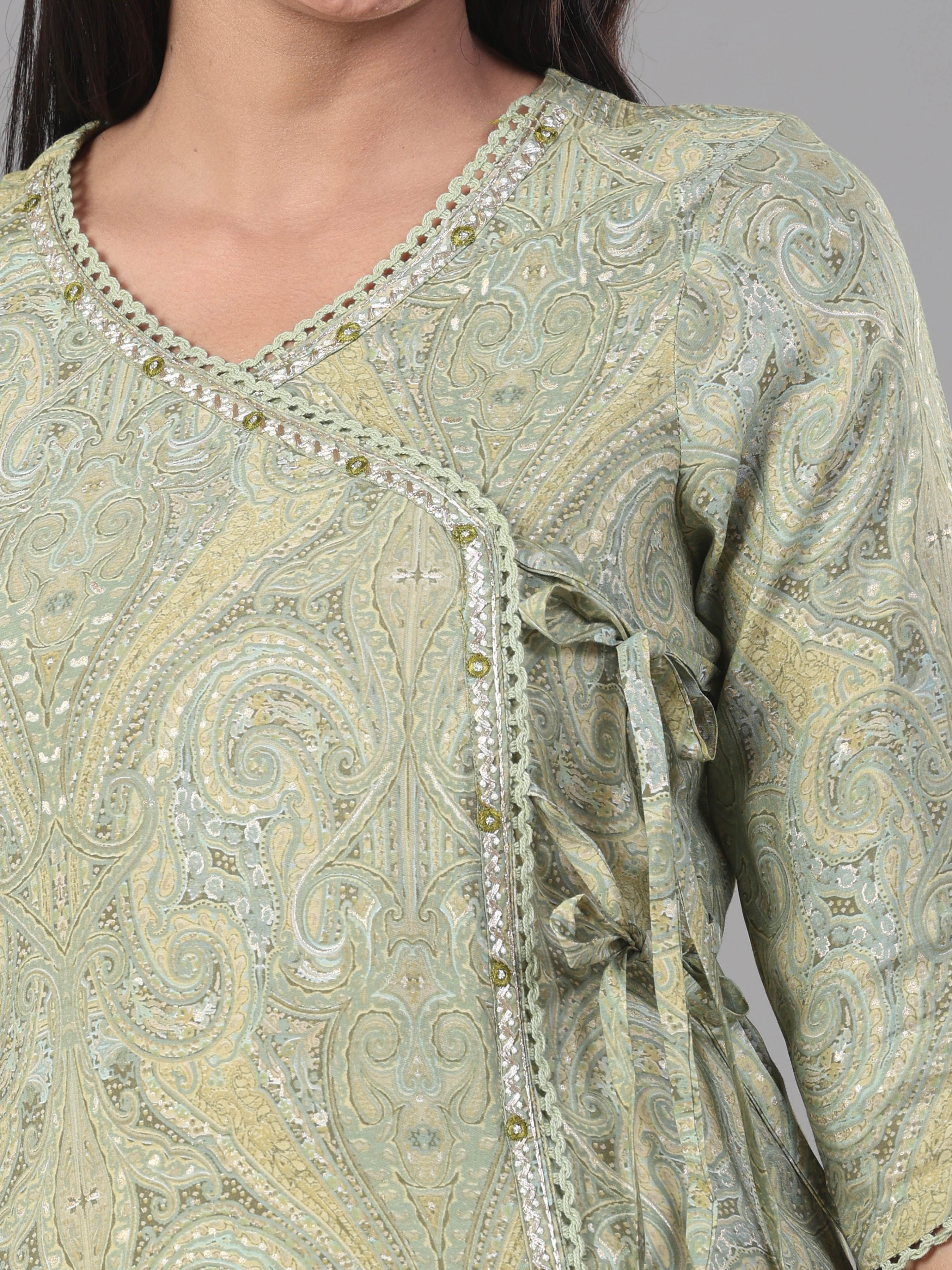 Light Green Modal Chanderi Printed Kurti With Lace Detailing