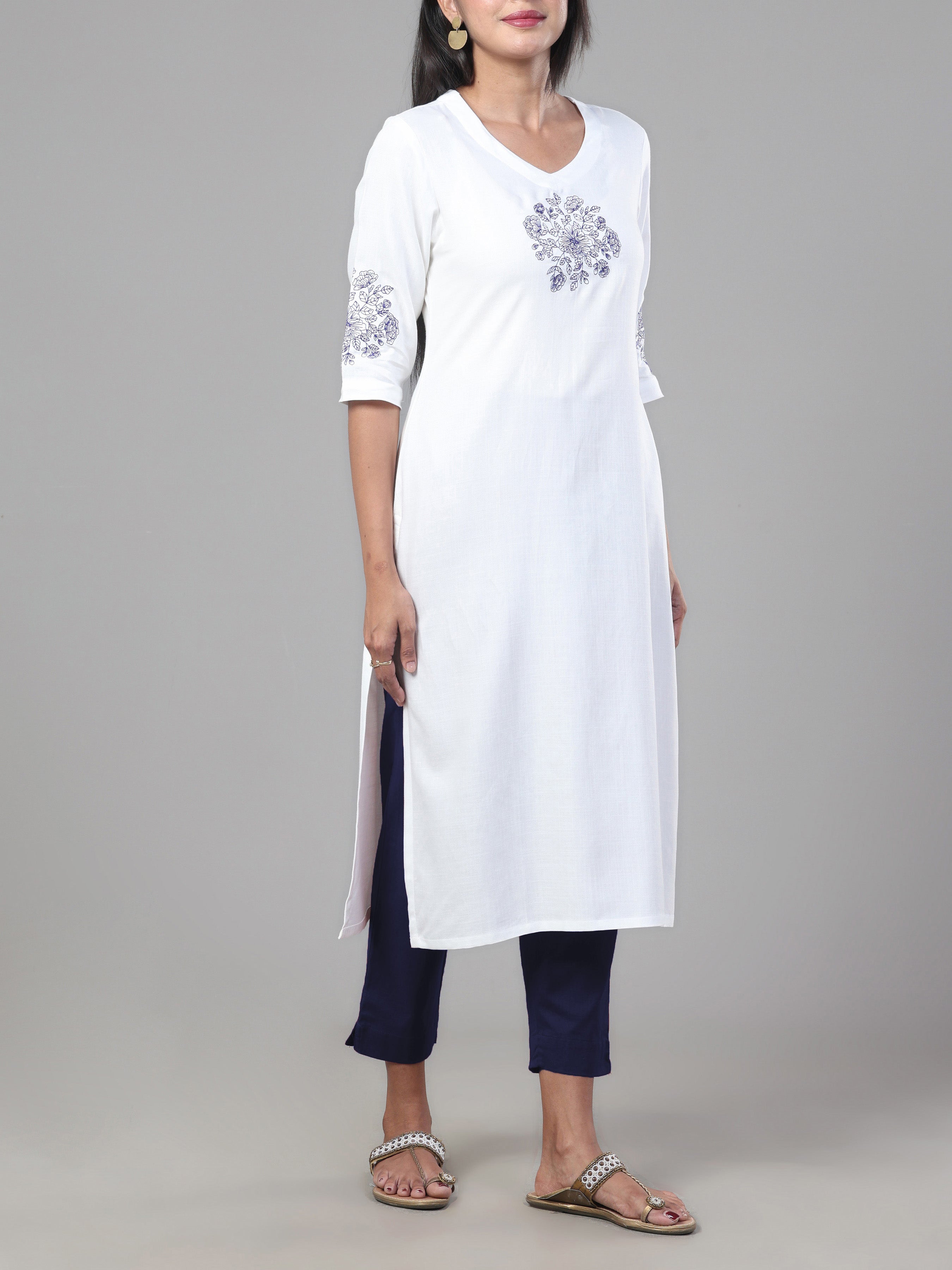 White Viscose Twill Plain Kurti With Embroidery