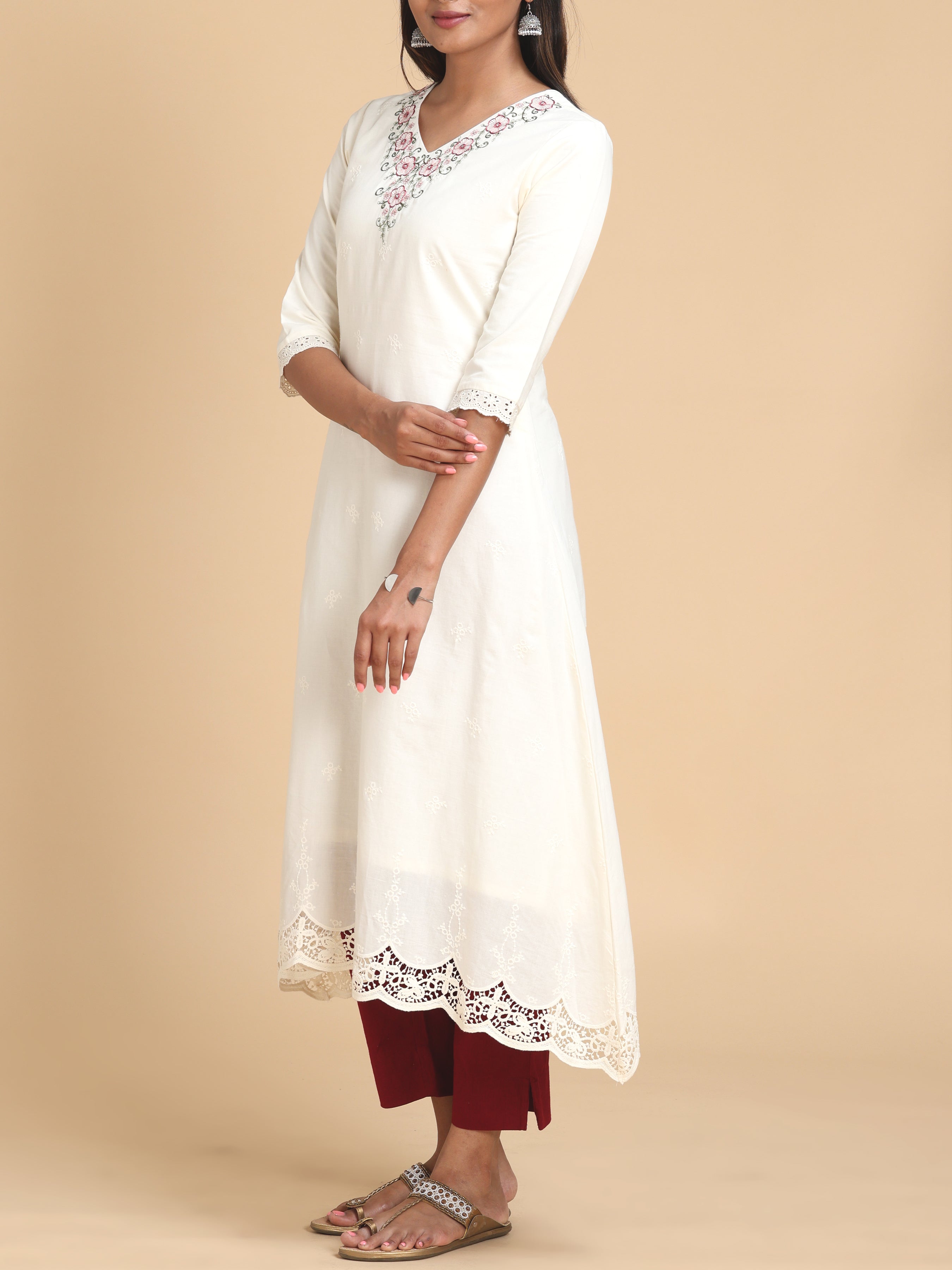 Off White Pure Cotton Kurti With Embroidery