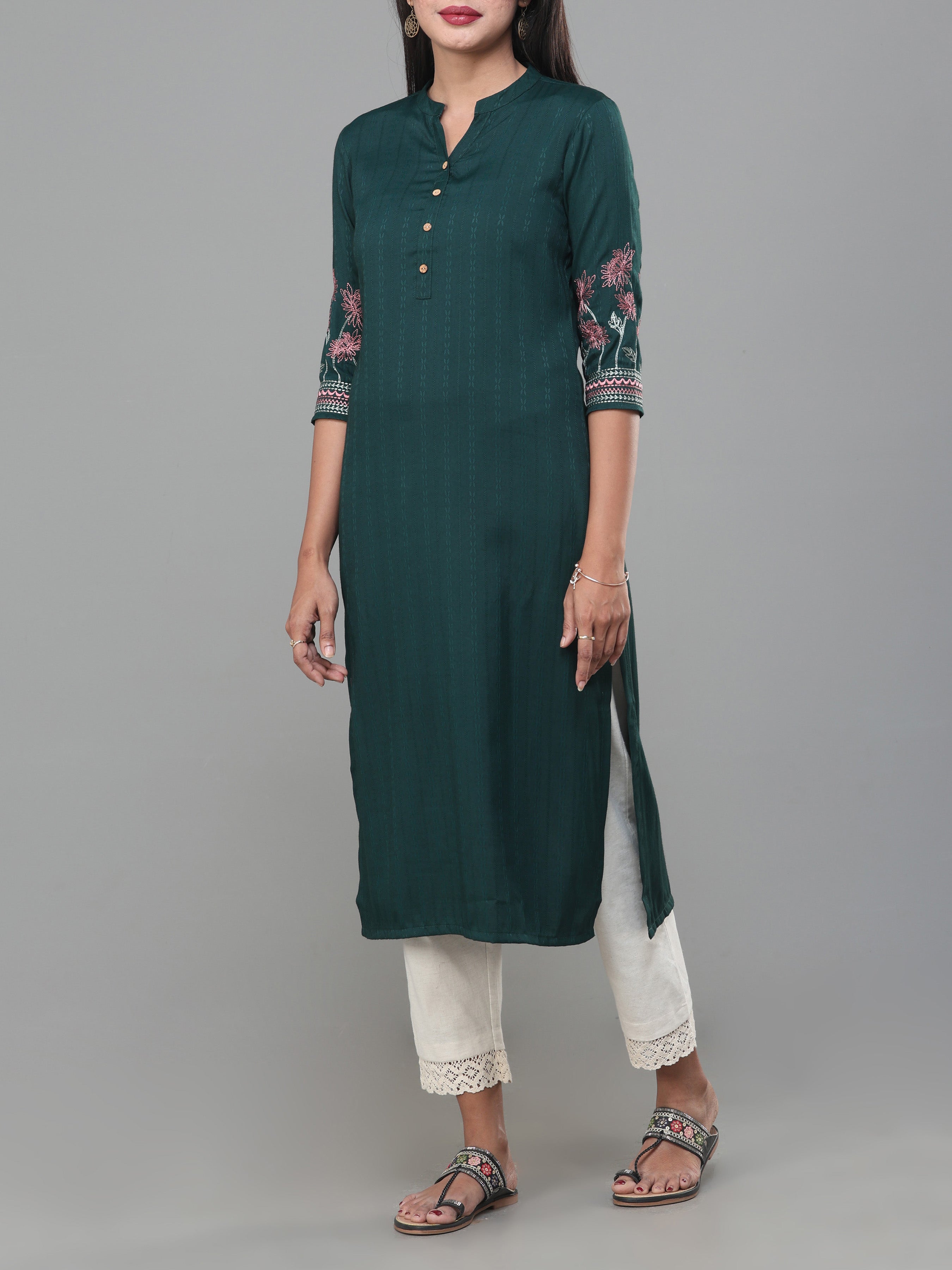 Bottle Green Viscose Jacquard Kurti With Embroidery