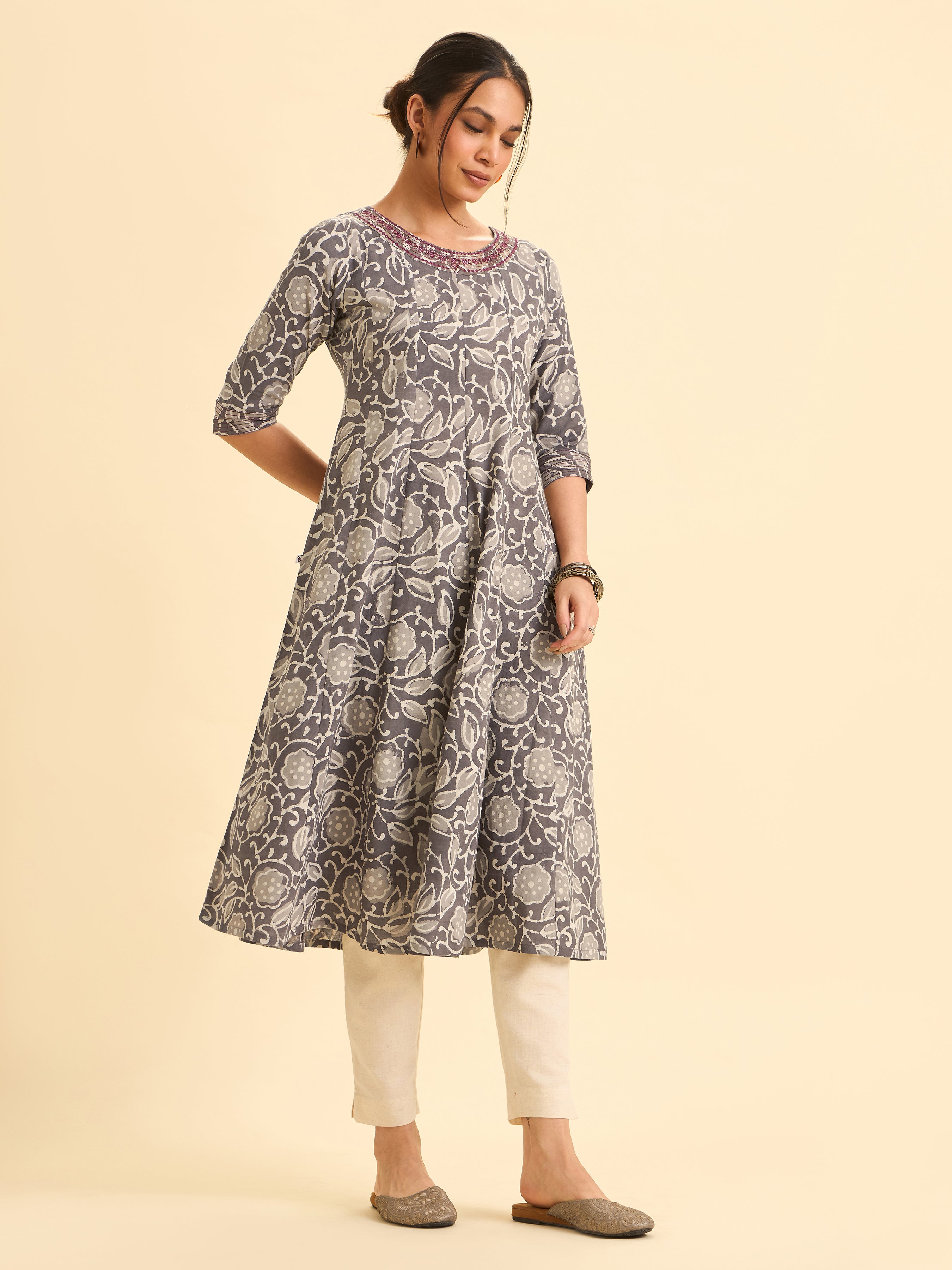 Gray And Ivory Pure Cotton Printed Flared Kalicut kurti With Embroidery And Sequins Work