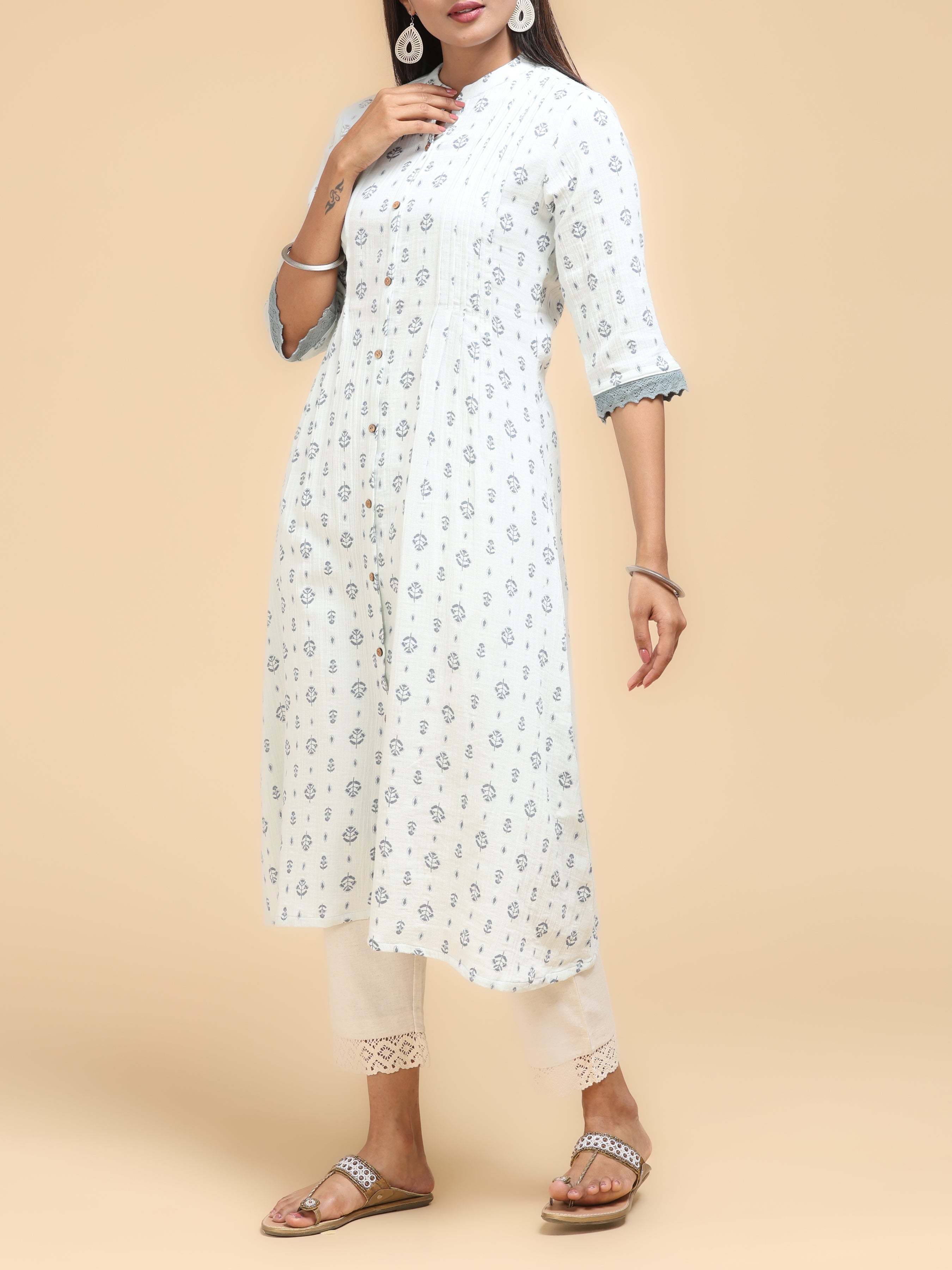 Off White Cotton Printed Kurti With Lace Detailing