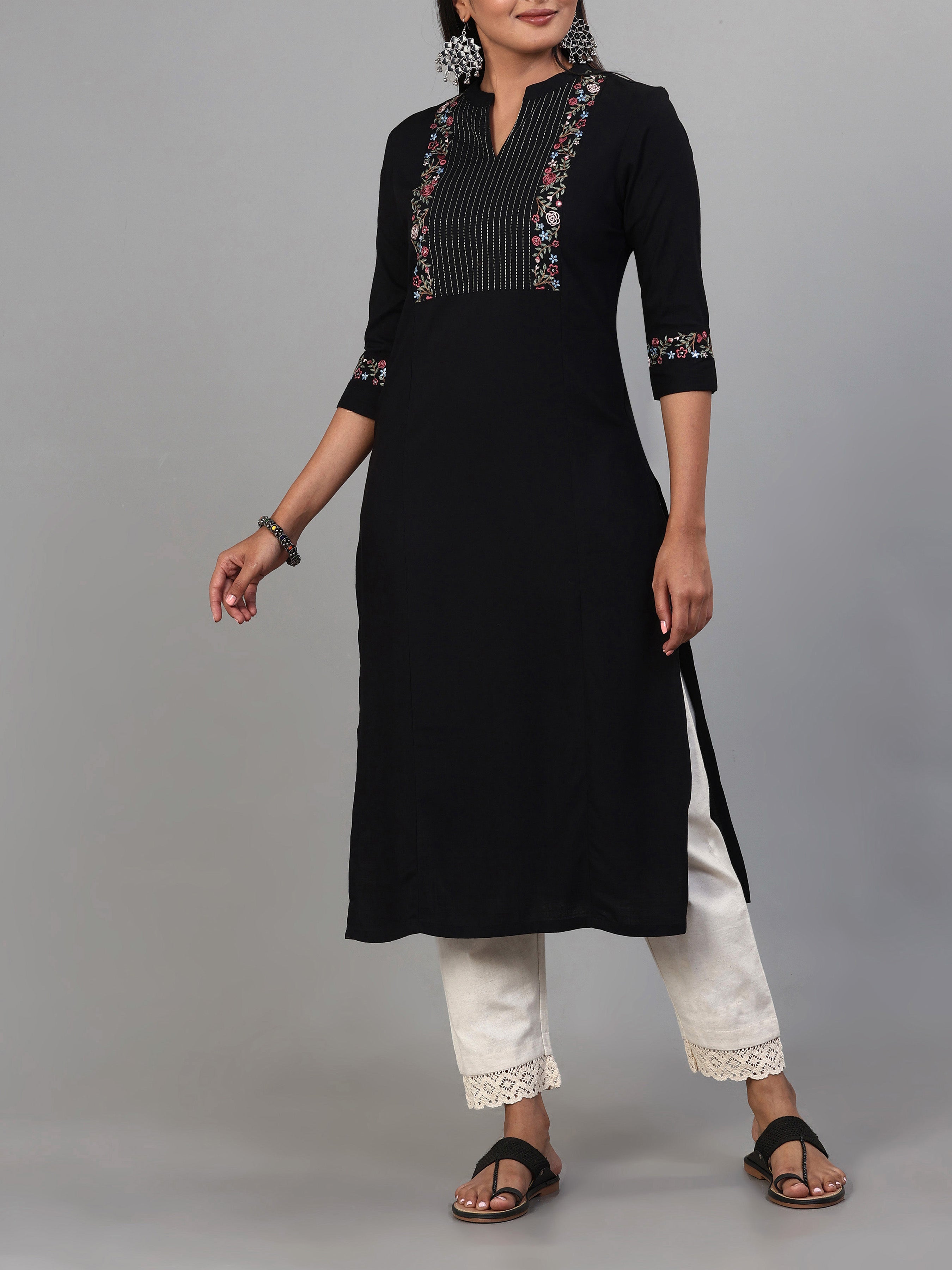 Black Viscose Slub Kurti With Sequins Work