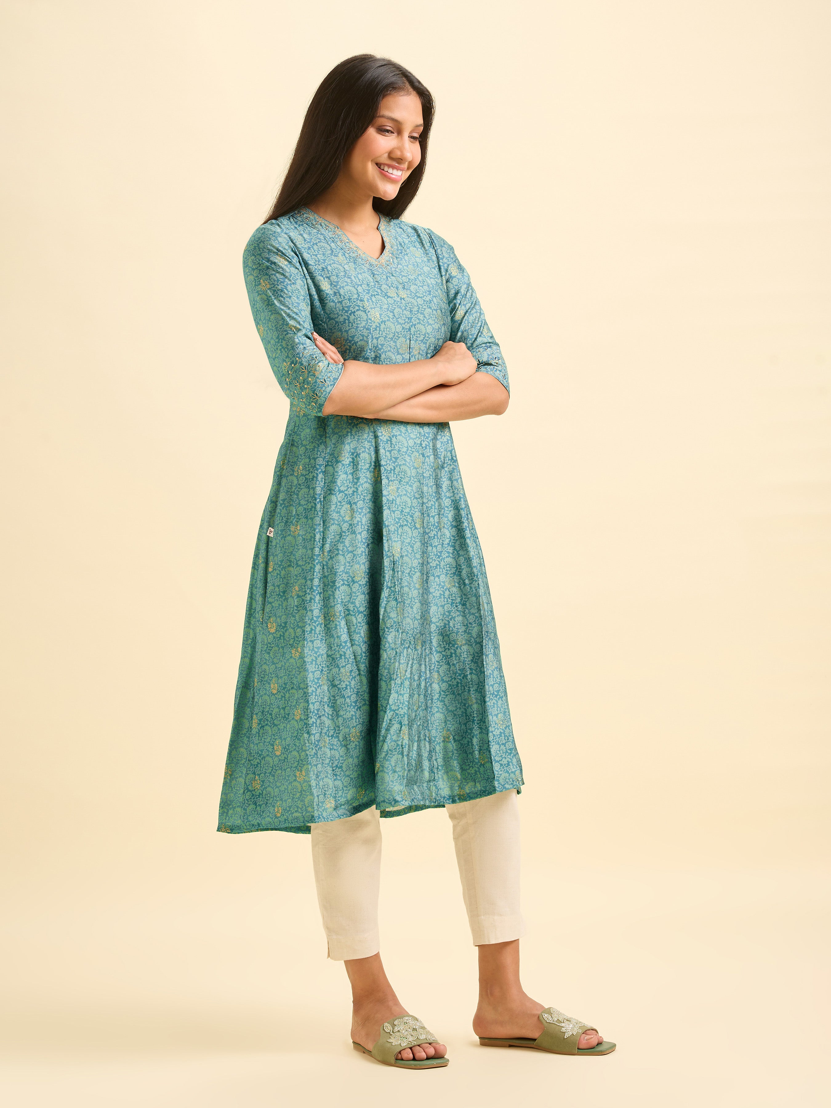 Teal Blue Modal Chanderi Printed Kalicut Kurti With Embroidery And Sequins Work