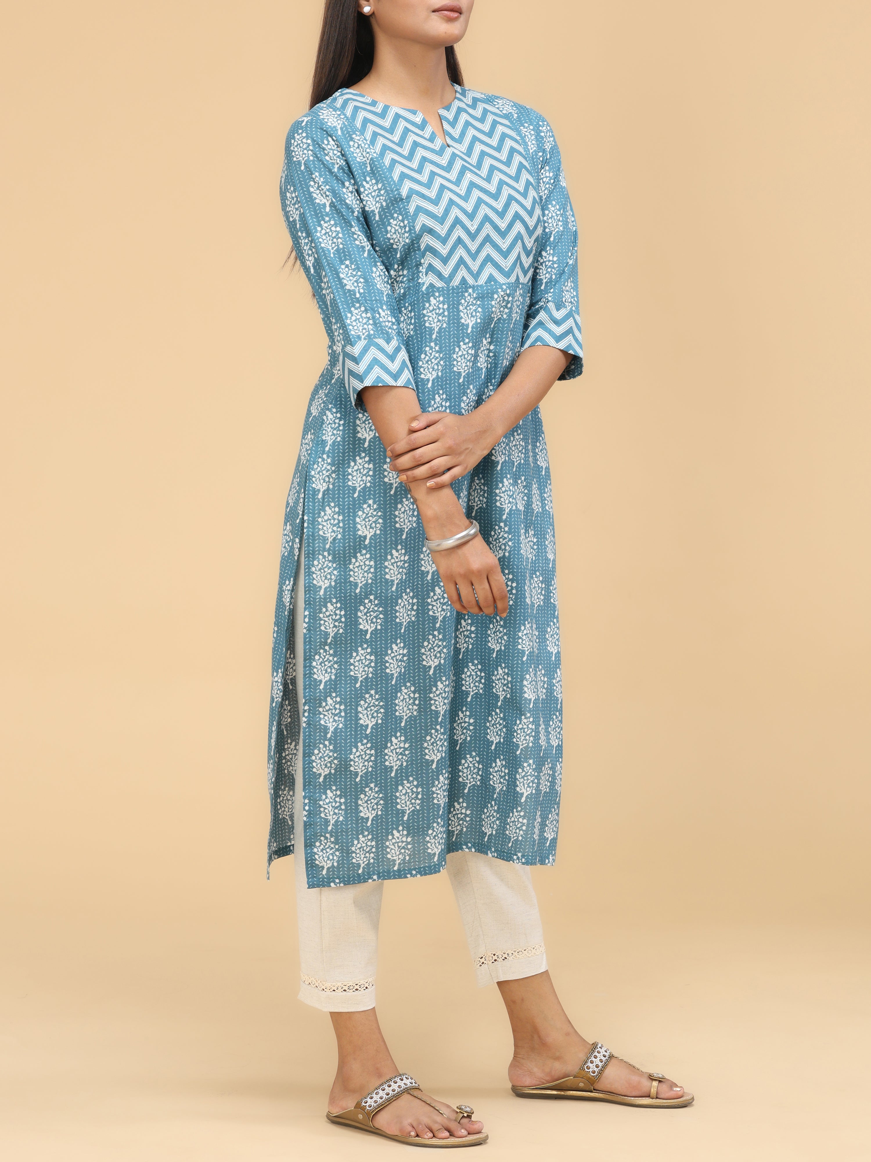 Indigo Blue Pure Cotton Printed Kurti With Sequins Work