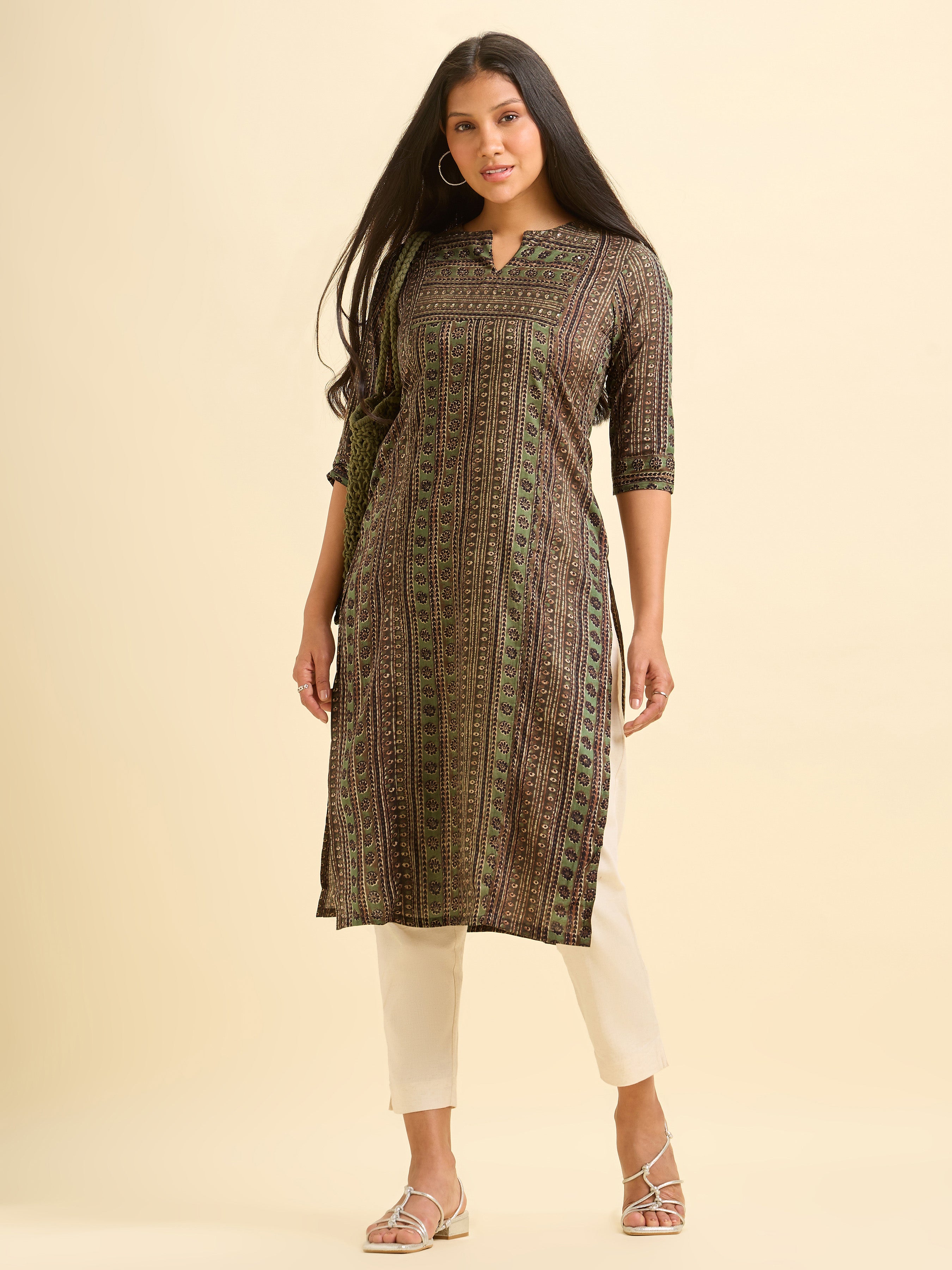 Olive Green Pure Cotton Printed Slit Kurti With Sequins Work