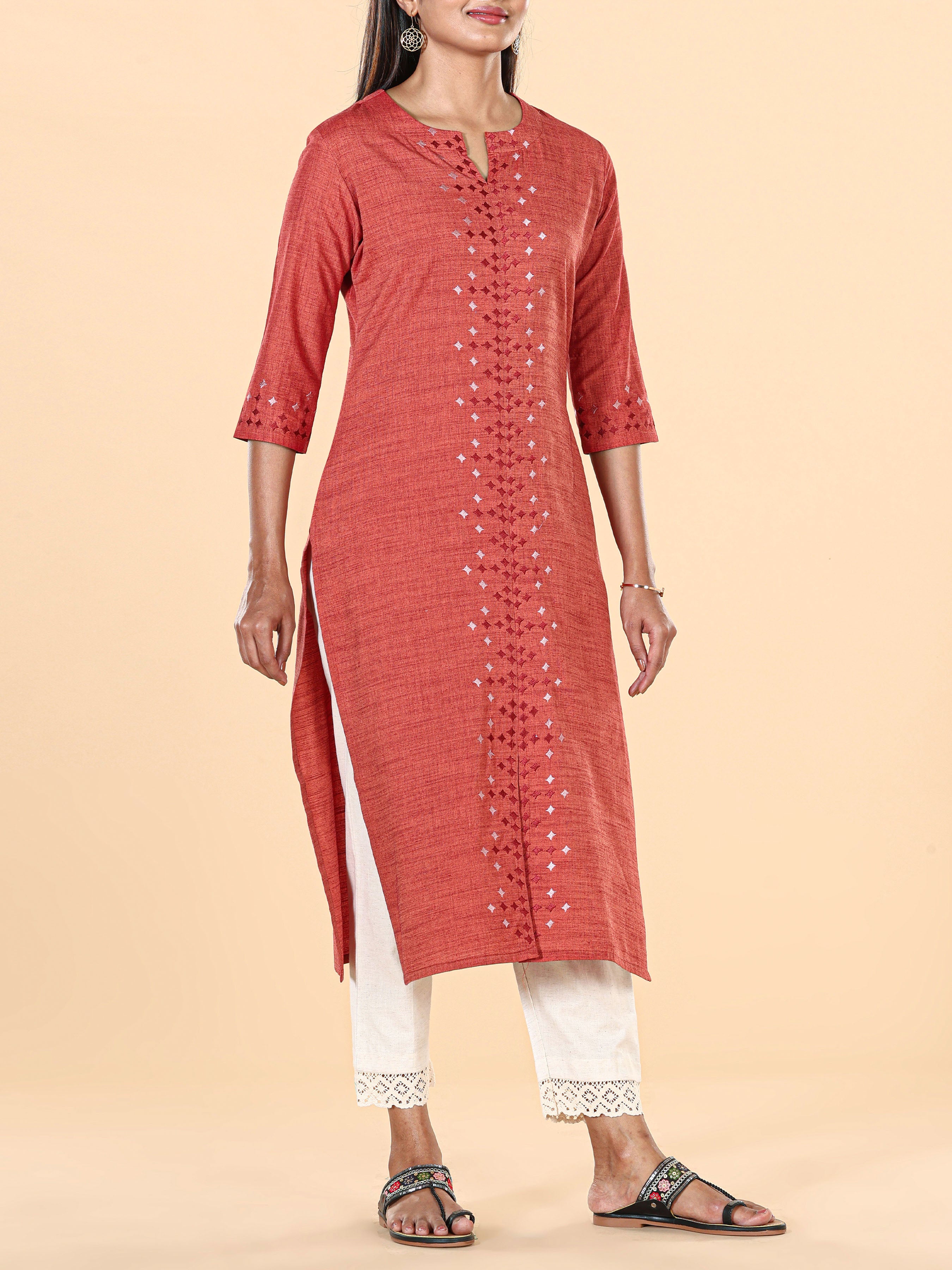 Brick Brown Viscose Kurti With Embroidery