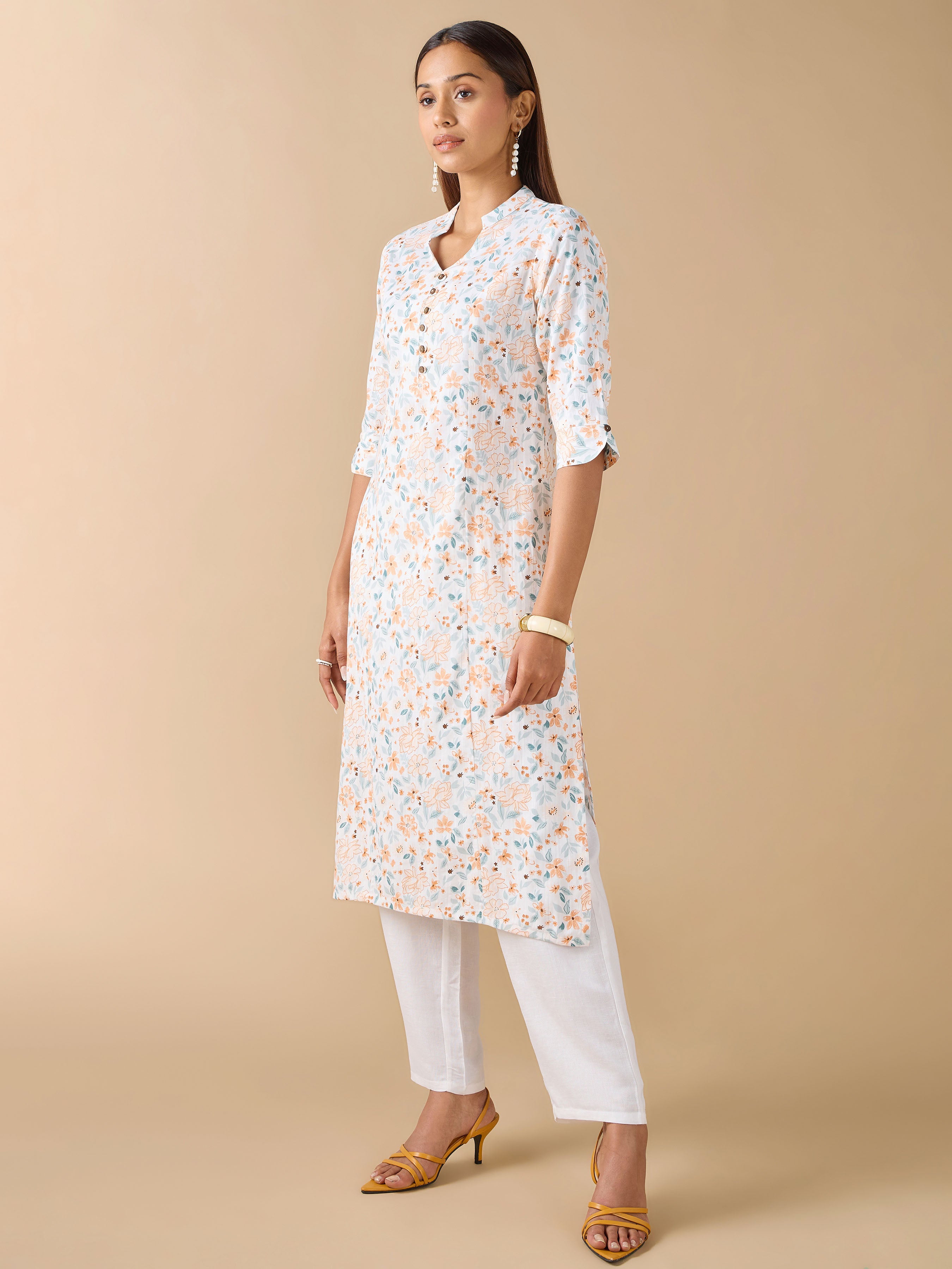 White Pure Cotton Dobby Printed Kurti With Princess Cut