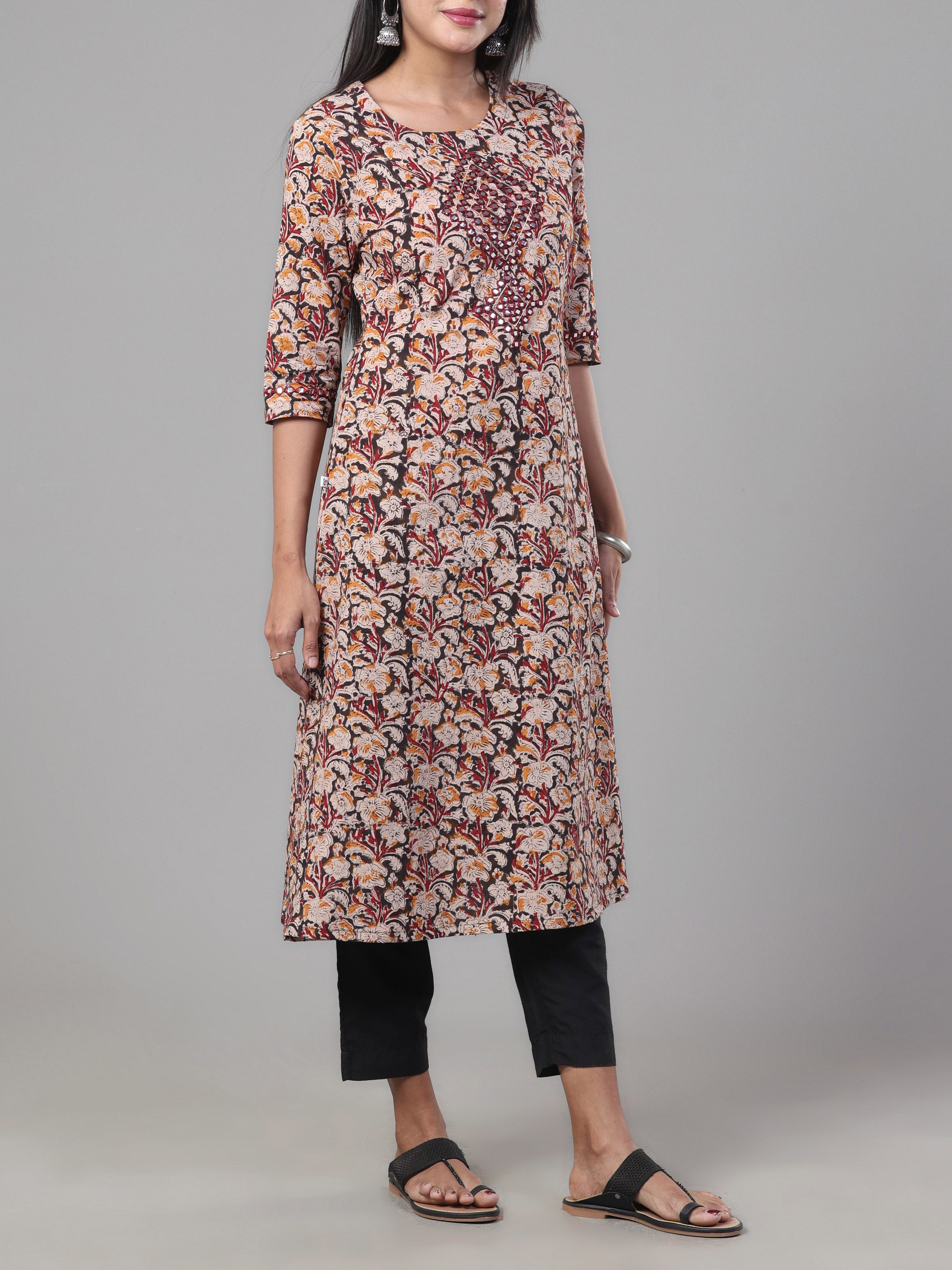 Maroon And Black Pure Cotton Printed Kurti With Mirror Work