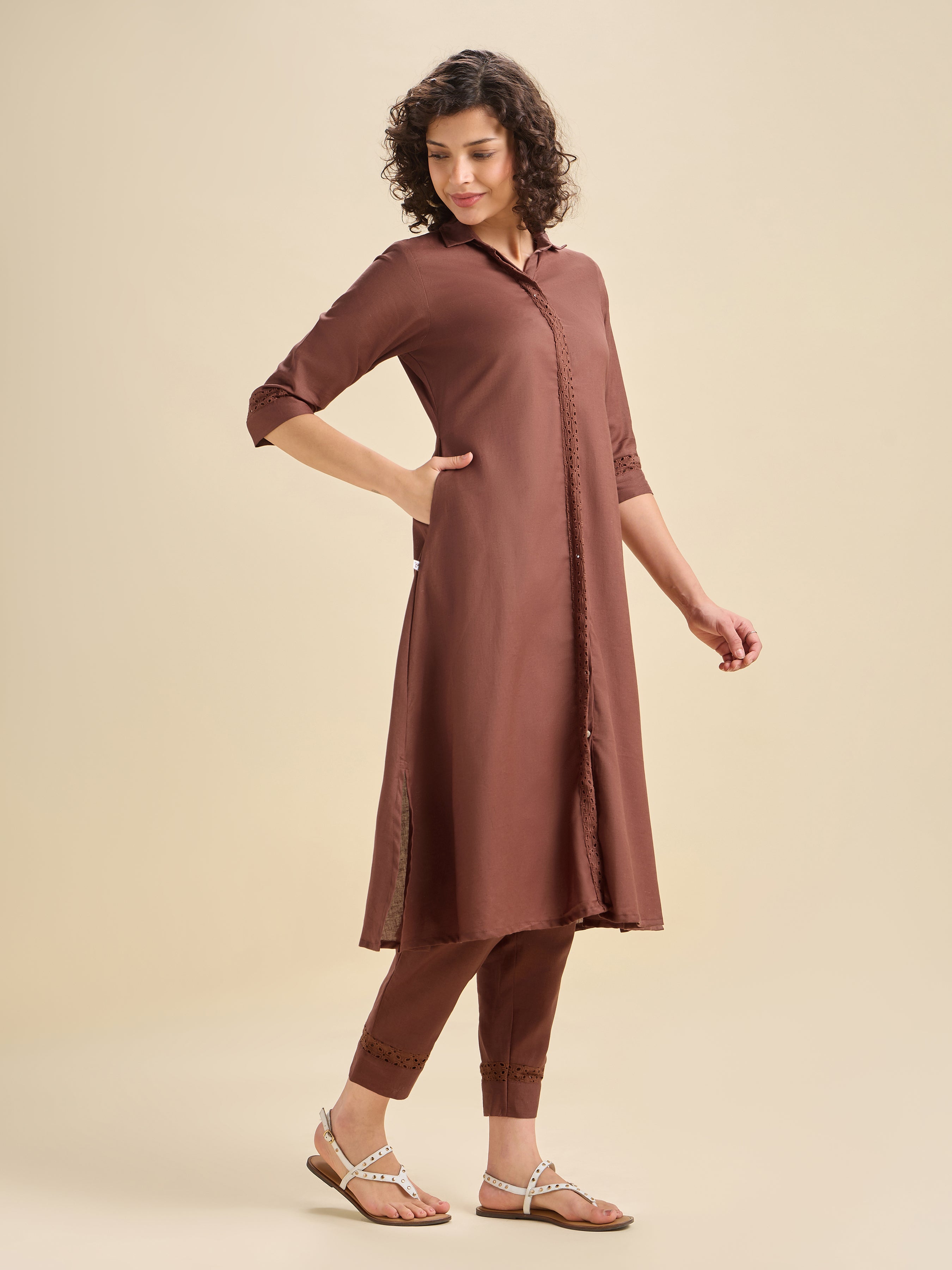 Brick Red Cotton Flax Flared Kurti Set