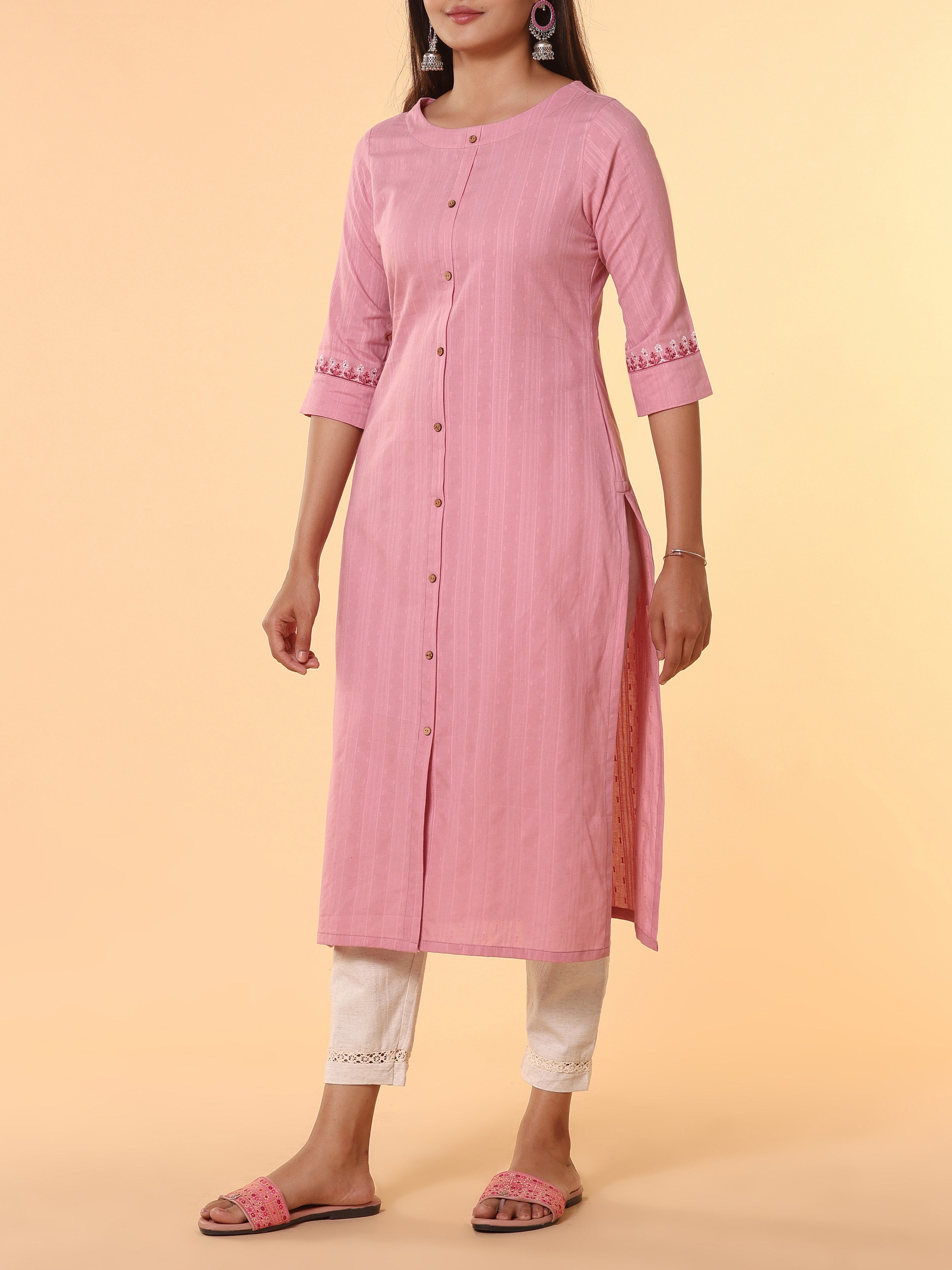 Pink Cotton Dobby Kurti With Embroidery