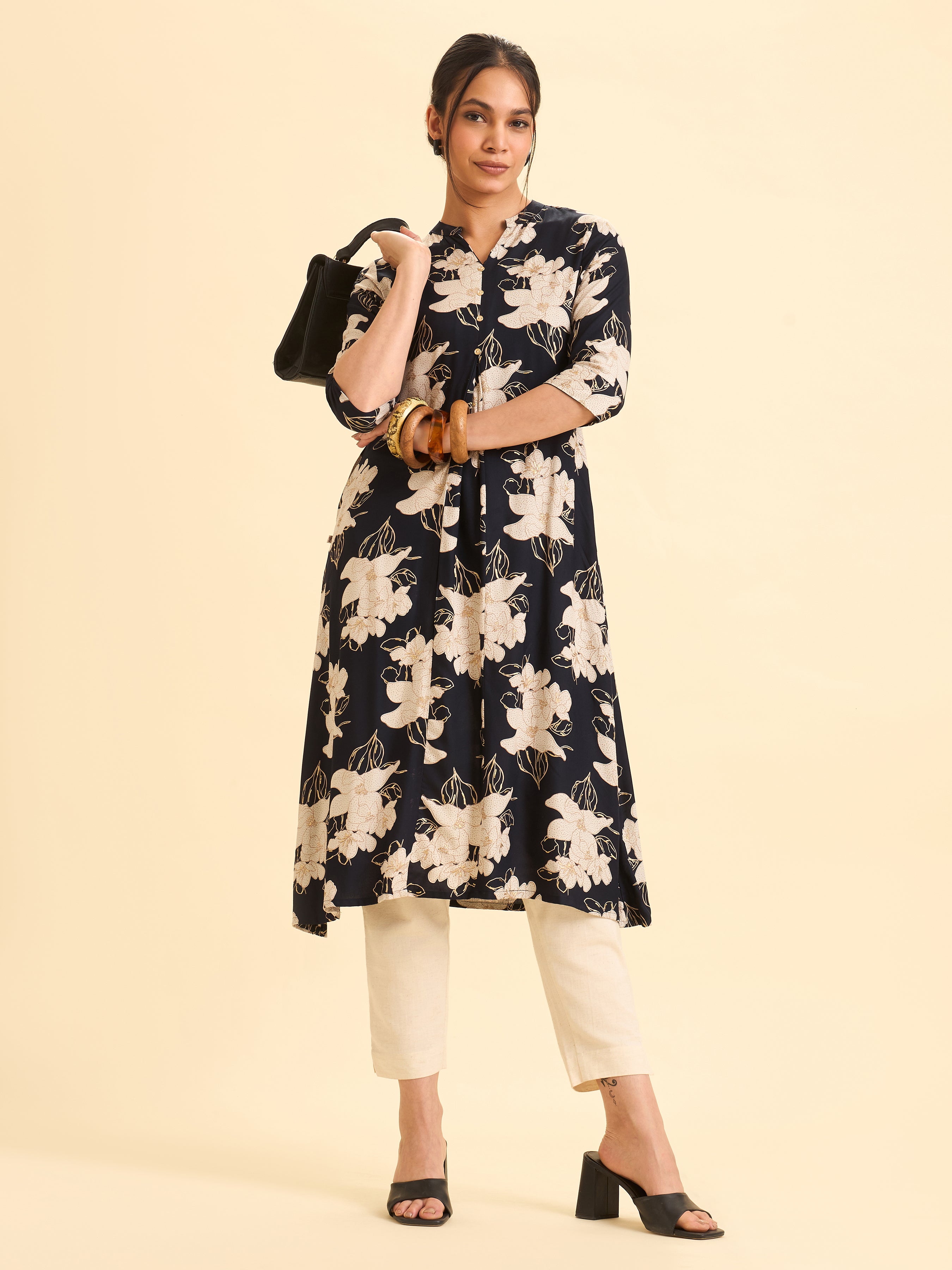 Navy Blue And Ivory Viscose Printed Flared Angrakha Kurti