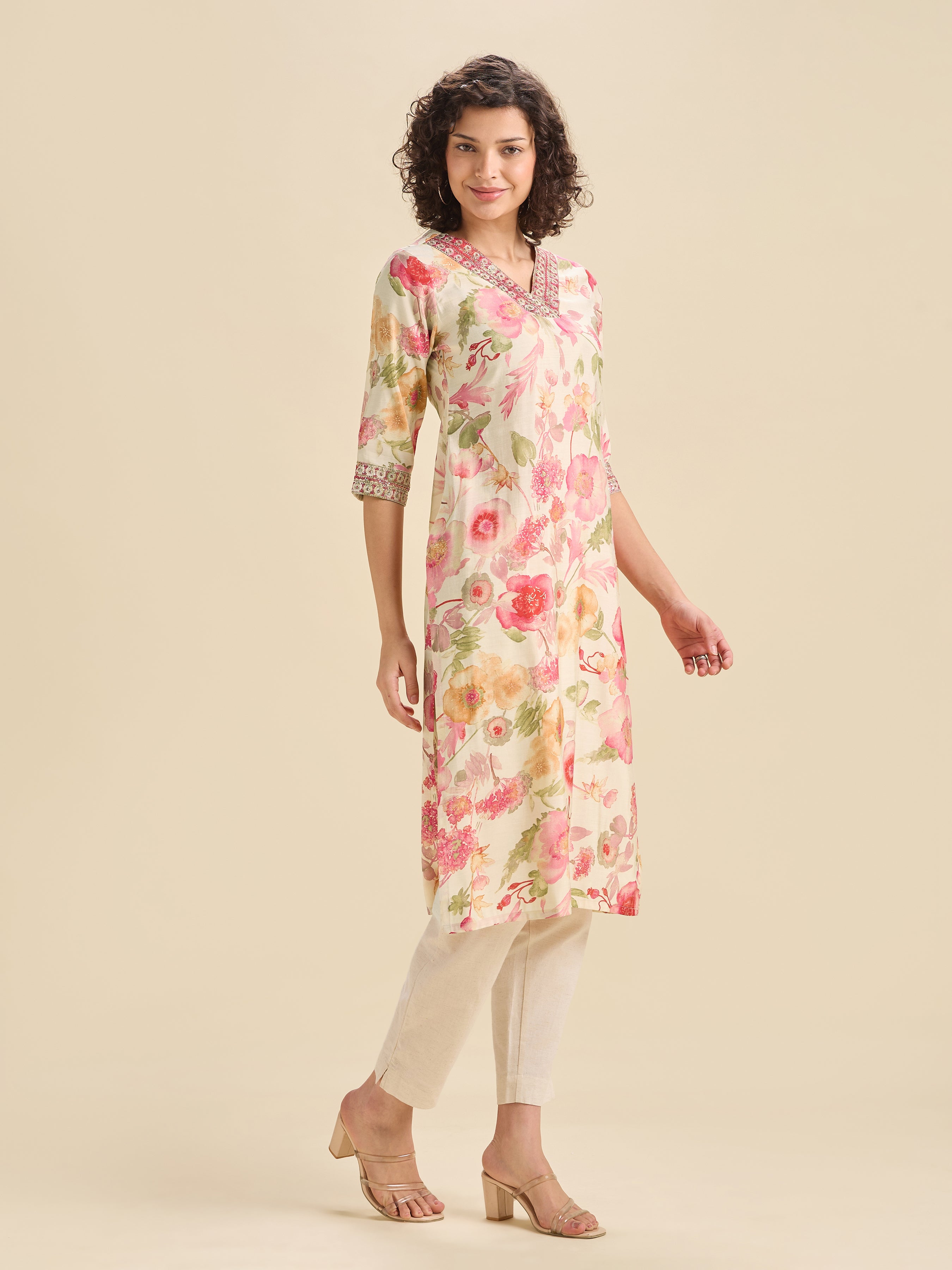 Ivory Modal Chanderi Printed Slited Kurti With Sequins Embroidery