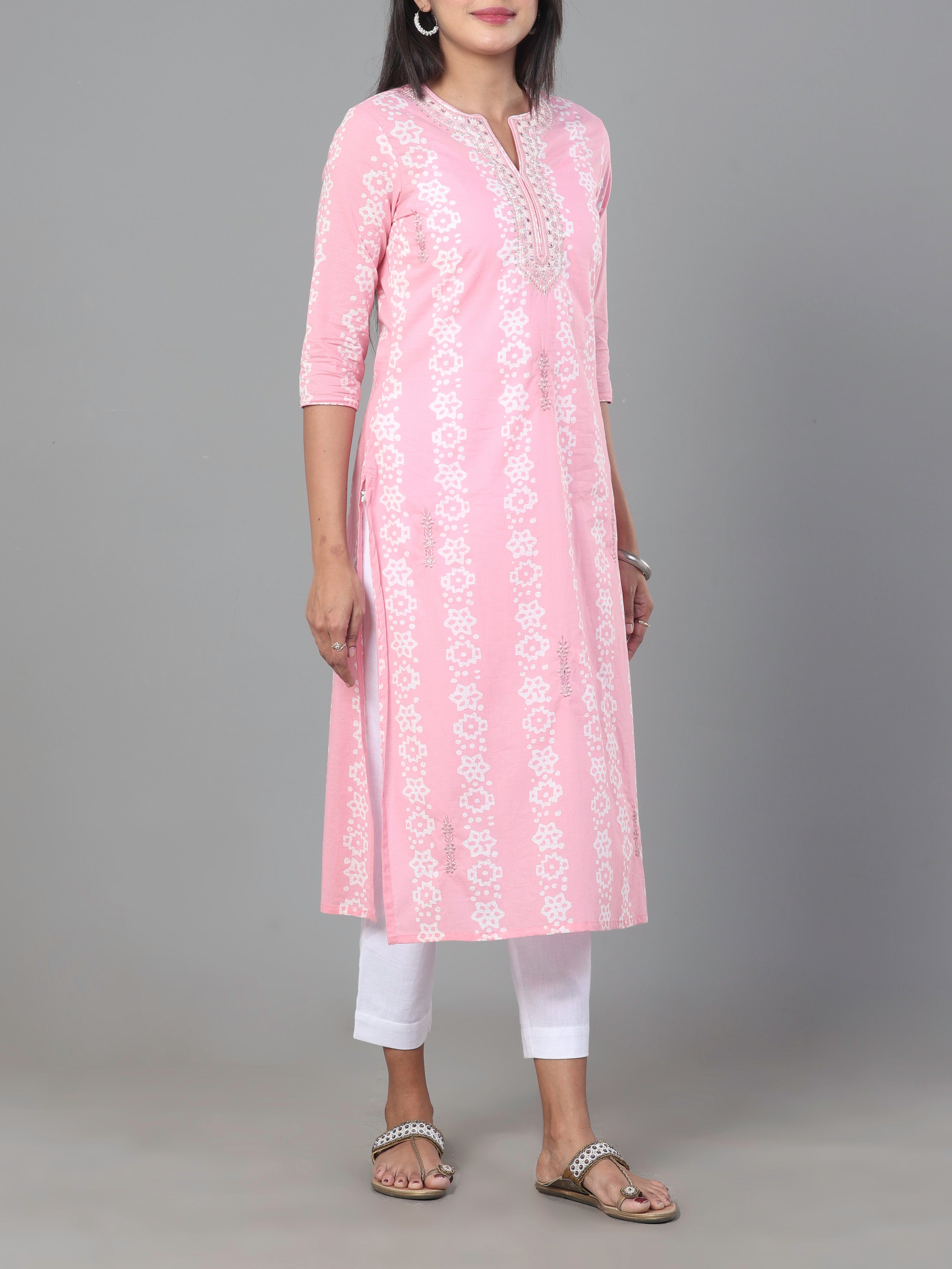 Pink Pure Cotton Printed Kurti With Embroidery