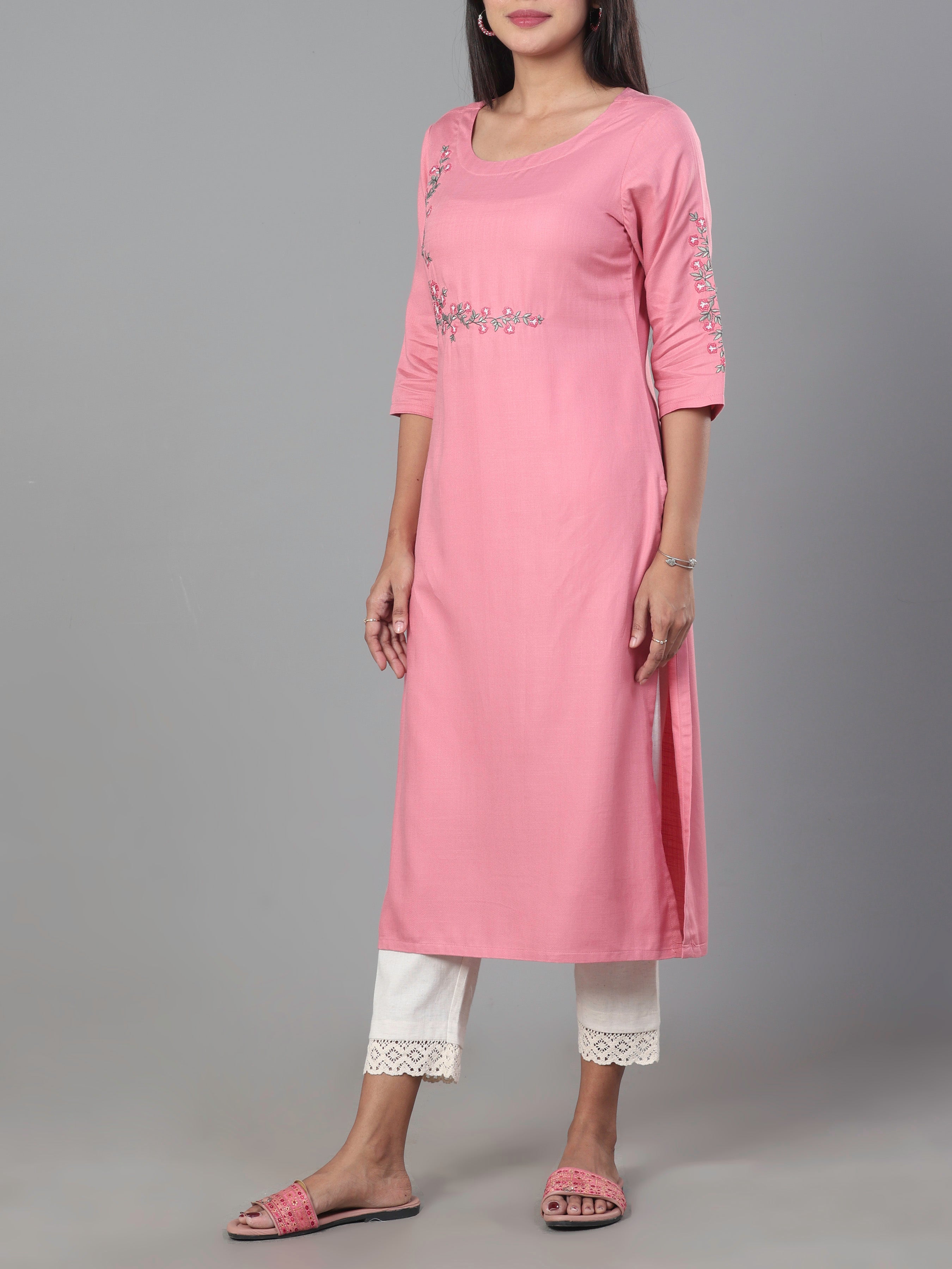 Pink Viscose Twill Plain Kurti With Embroidery