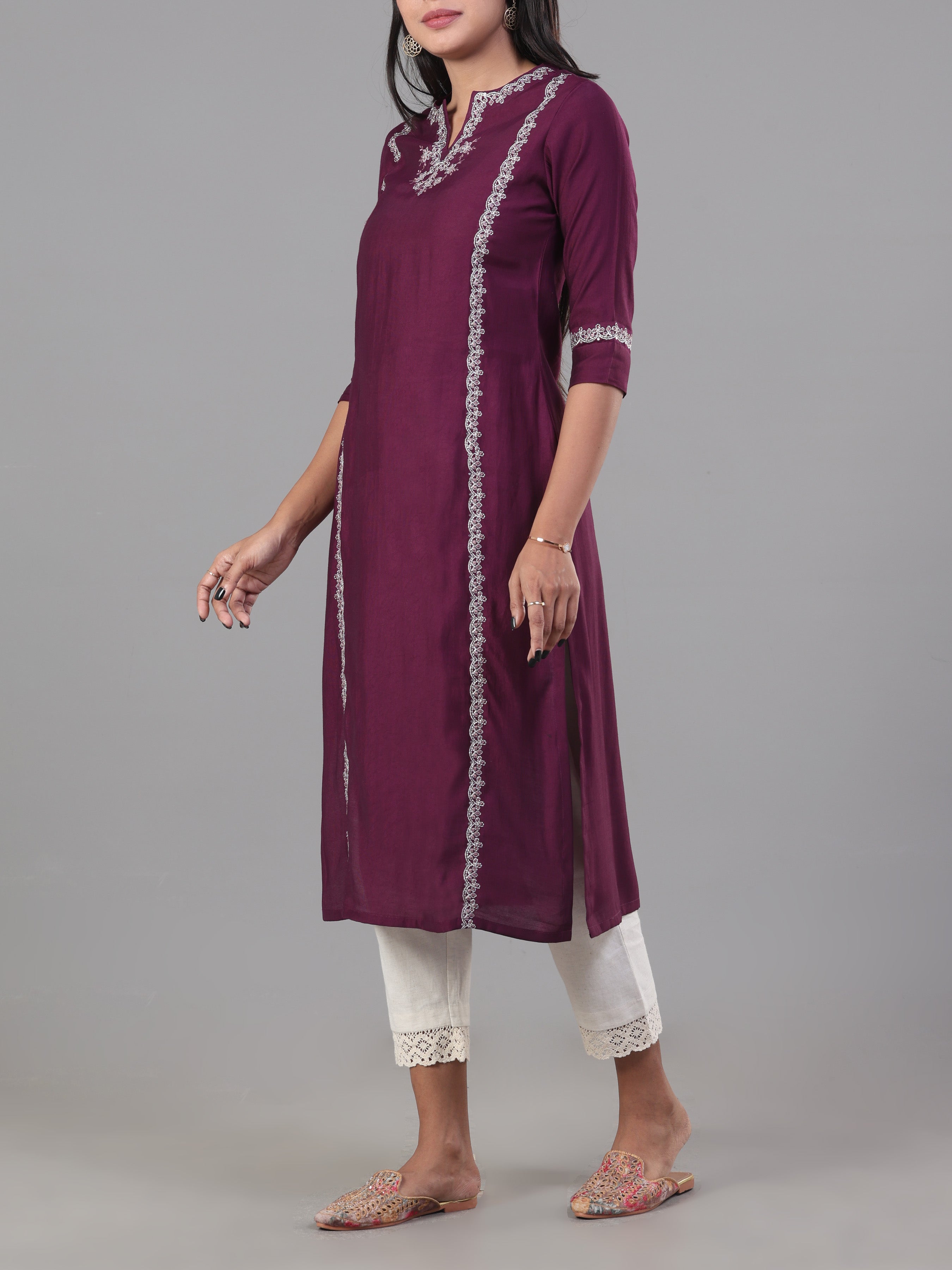 Purple Denting Viscose Kurti With Embroidery