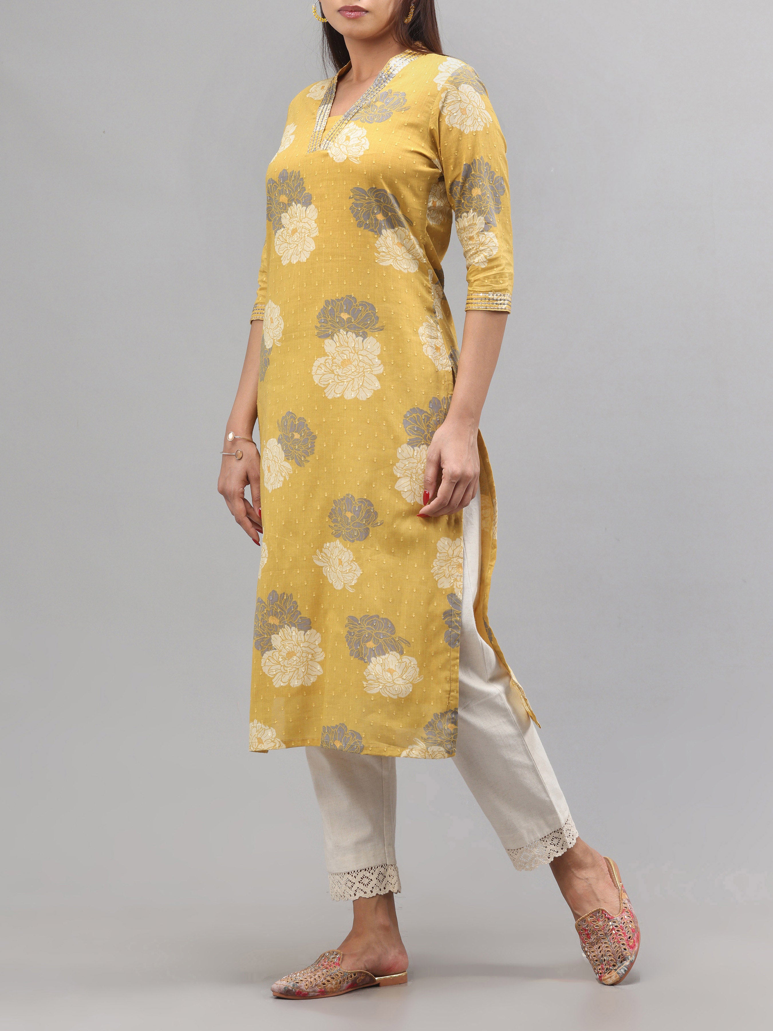 Mustard Colour Cotton Dobby Printed Kurti With Sequins Work