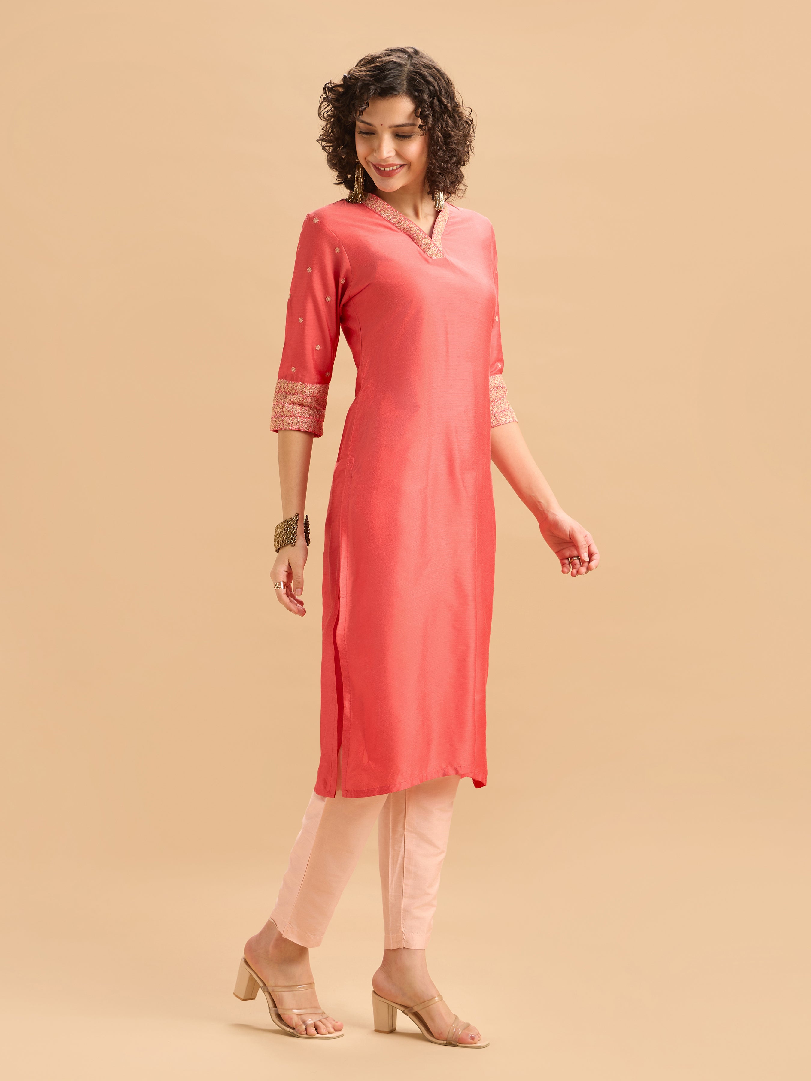 Orange Viscose Blend Plain Kurti Set With Embroidery