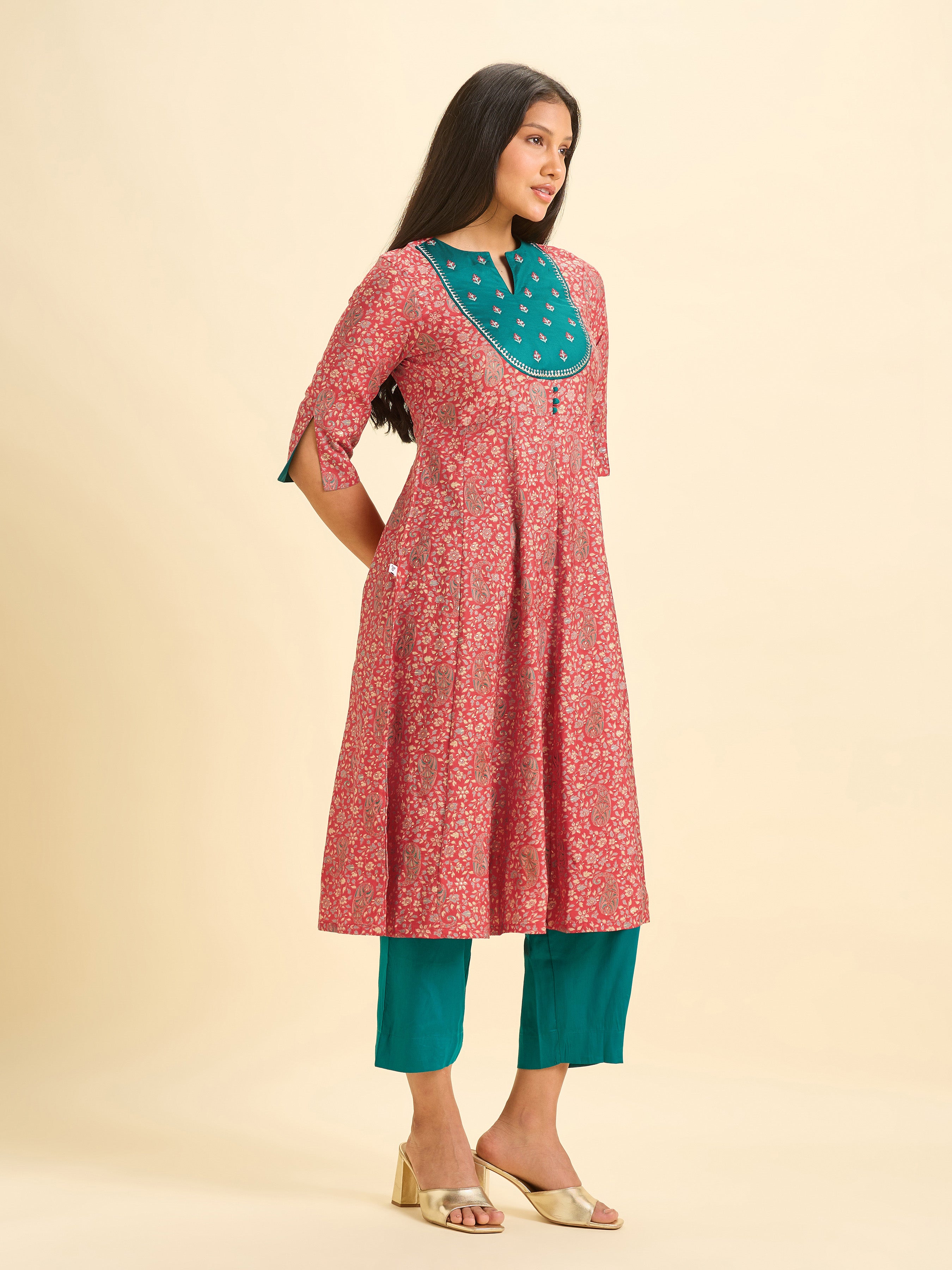 Red Modal Chanderi Kali Cut Kurti Set With Embroidery Sequins Work