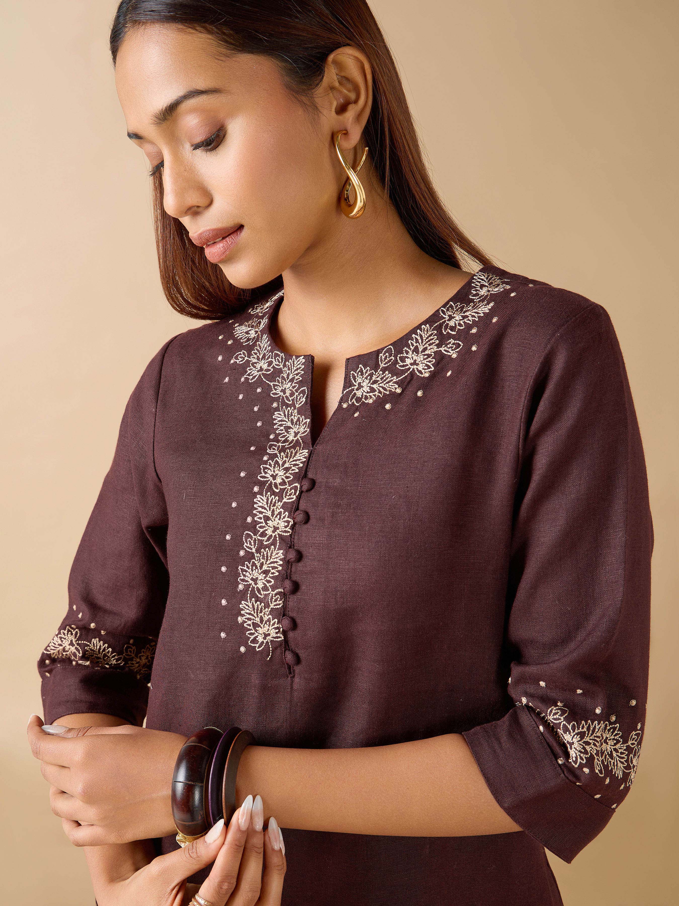 Women Wearing Coffee Brown Linen Plain Kurti with Embroidery And Matching Bottom