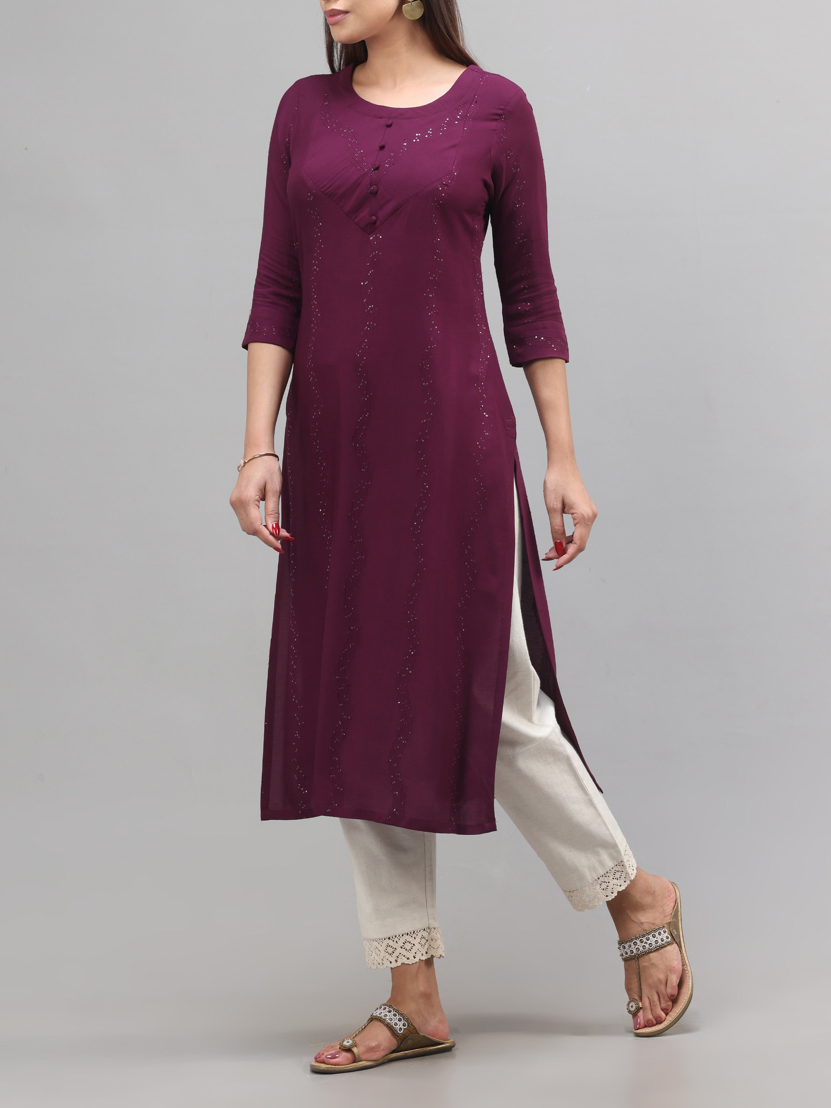 Wine-Red Viscose Dobby Plain Kurti With Sequins Work