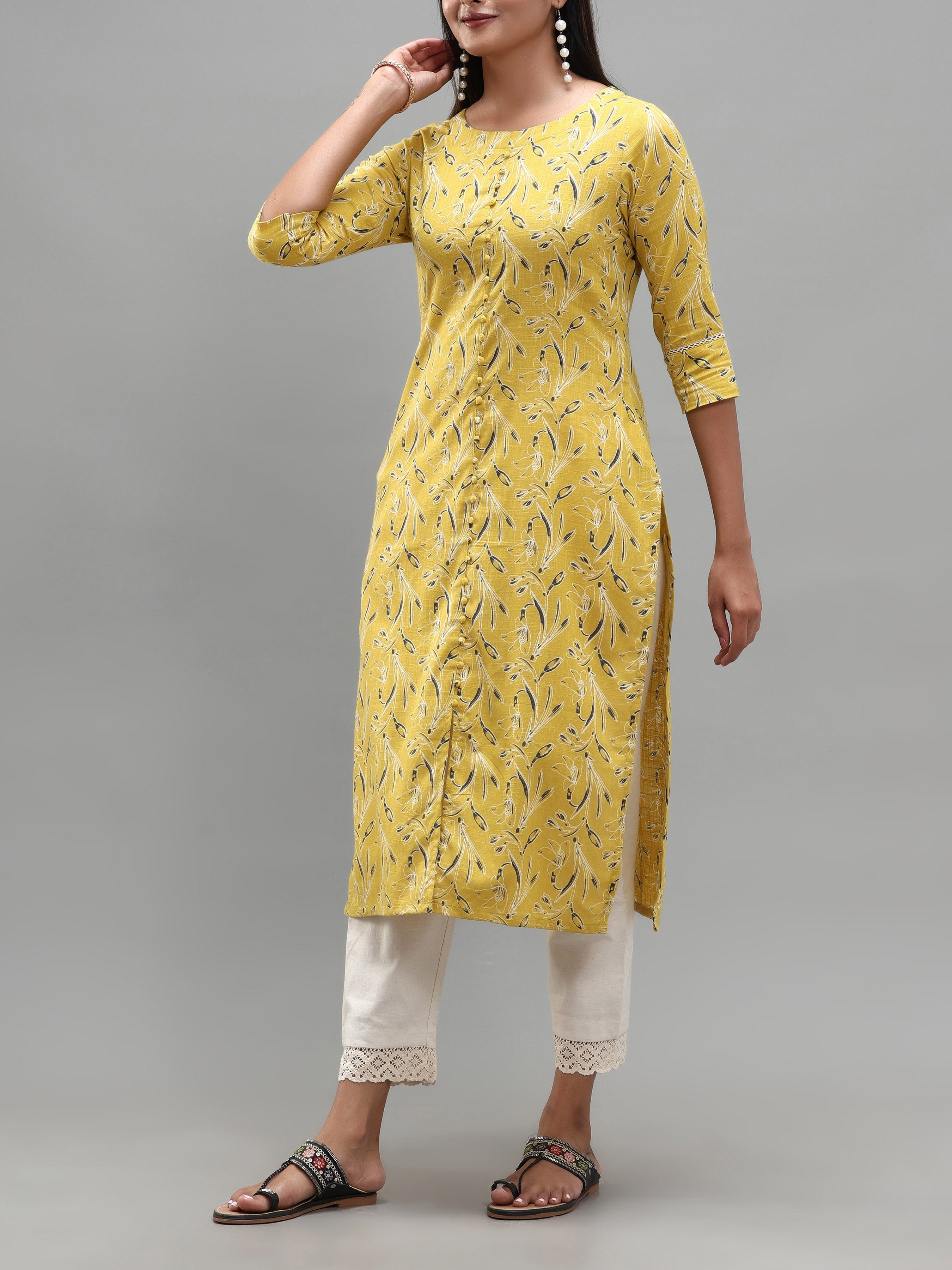 Lemon Yellow Cotton Slub Printed Kurti With Lace Detailing